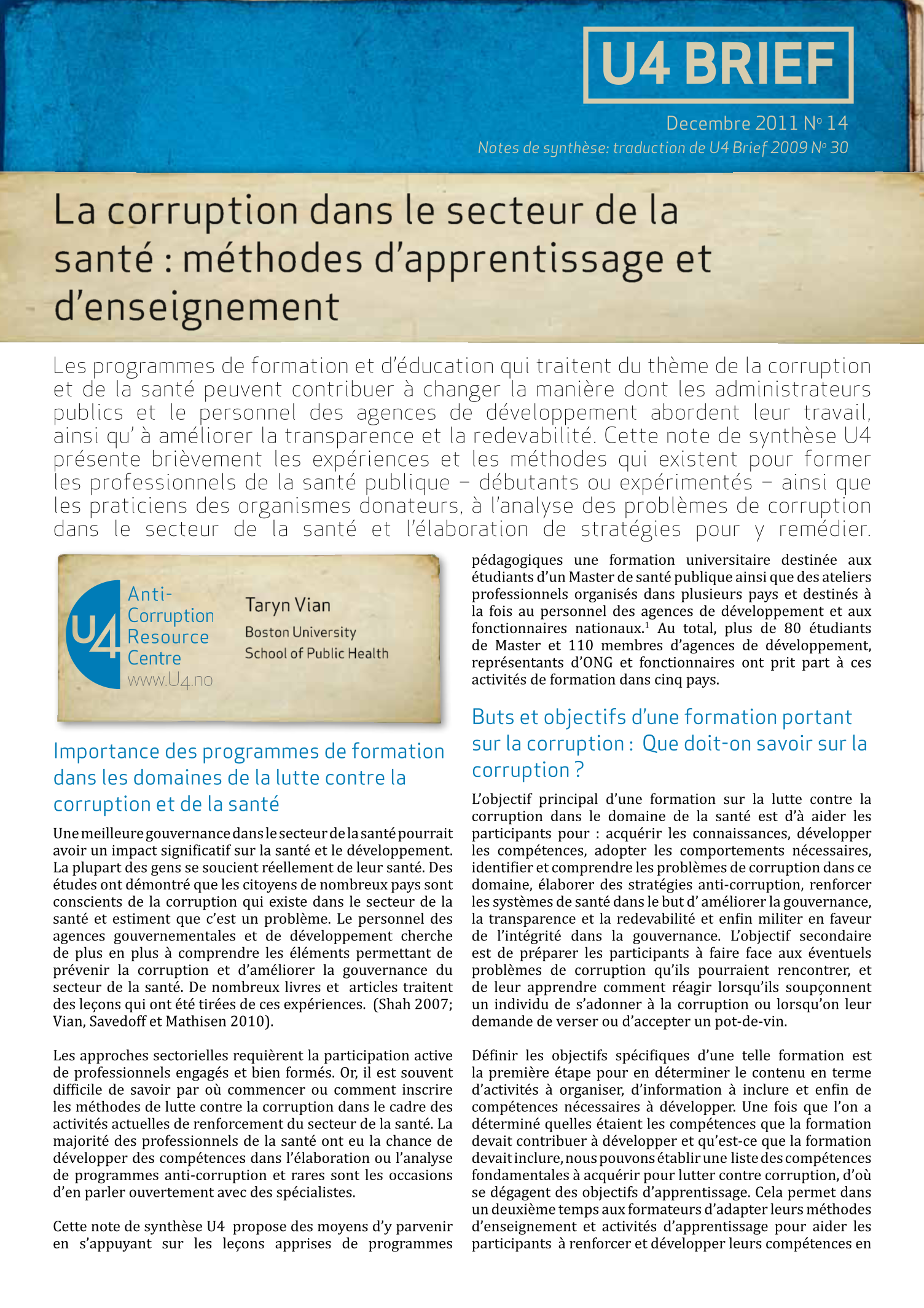 La corruption dans le secteur de la santé : méthodes d’apprentissage et d’enseignement