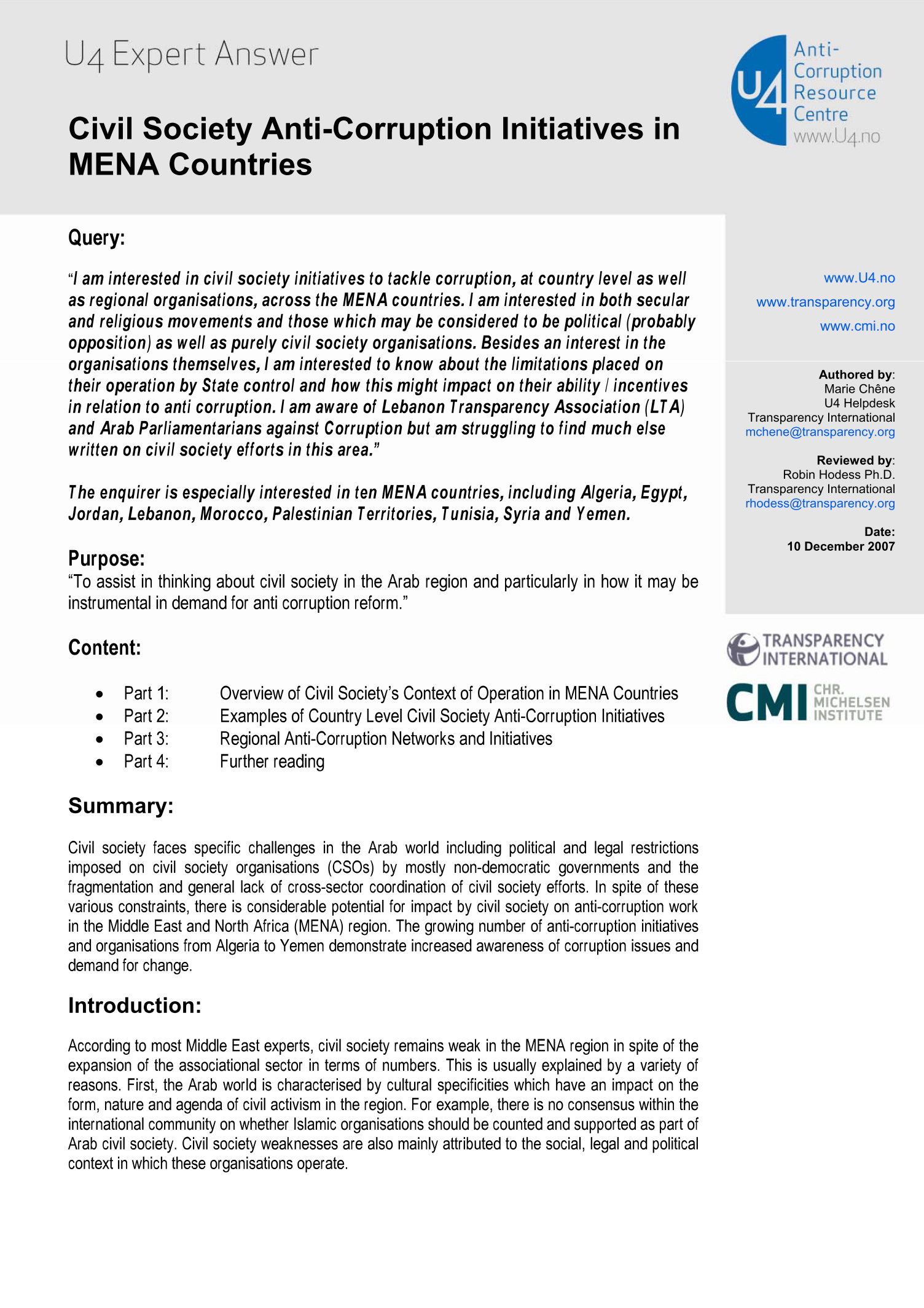 Civil Society Anti-Corruption Initiatives in MENA Countries