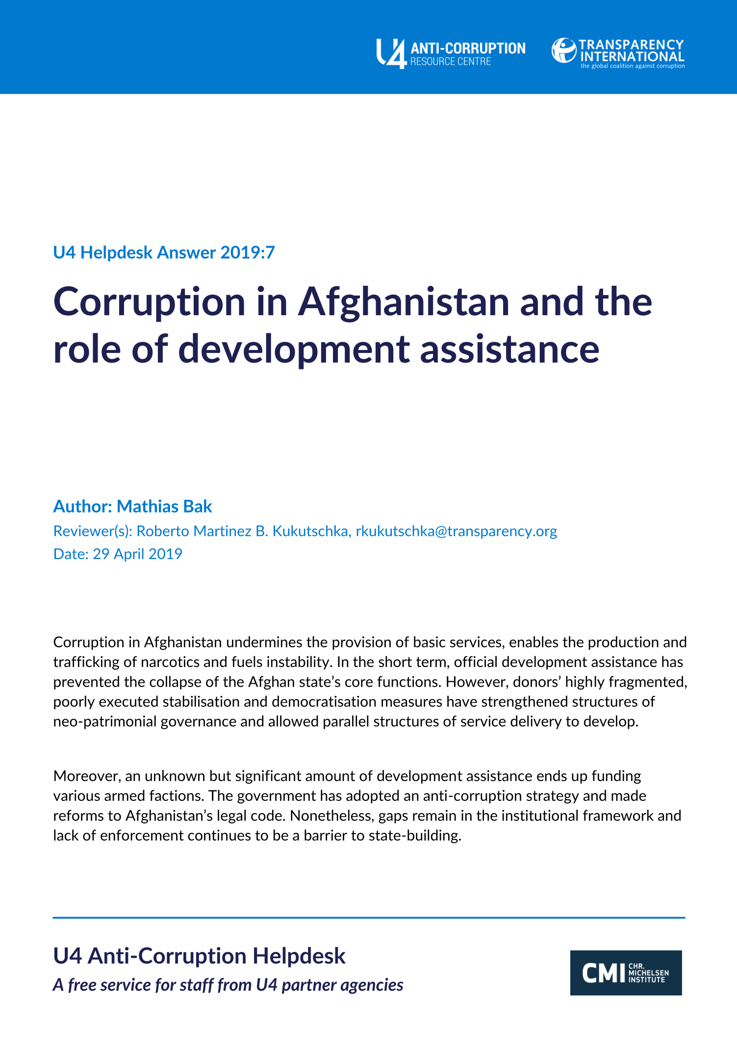 Corruption in Afghanistan and the role of development assistance