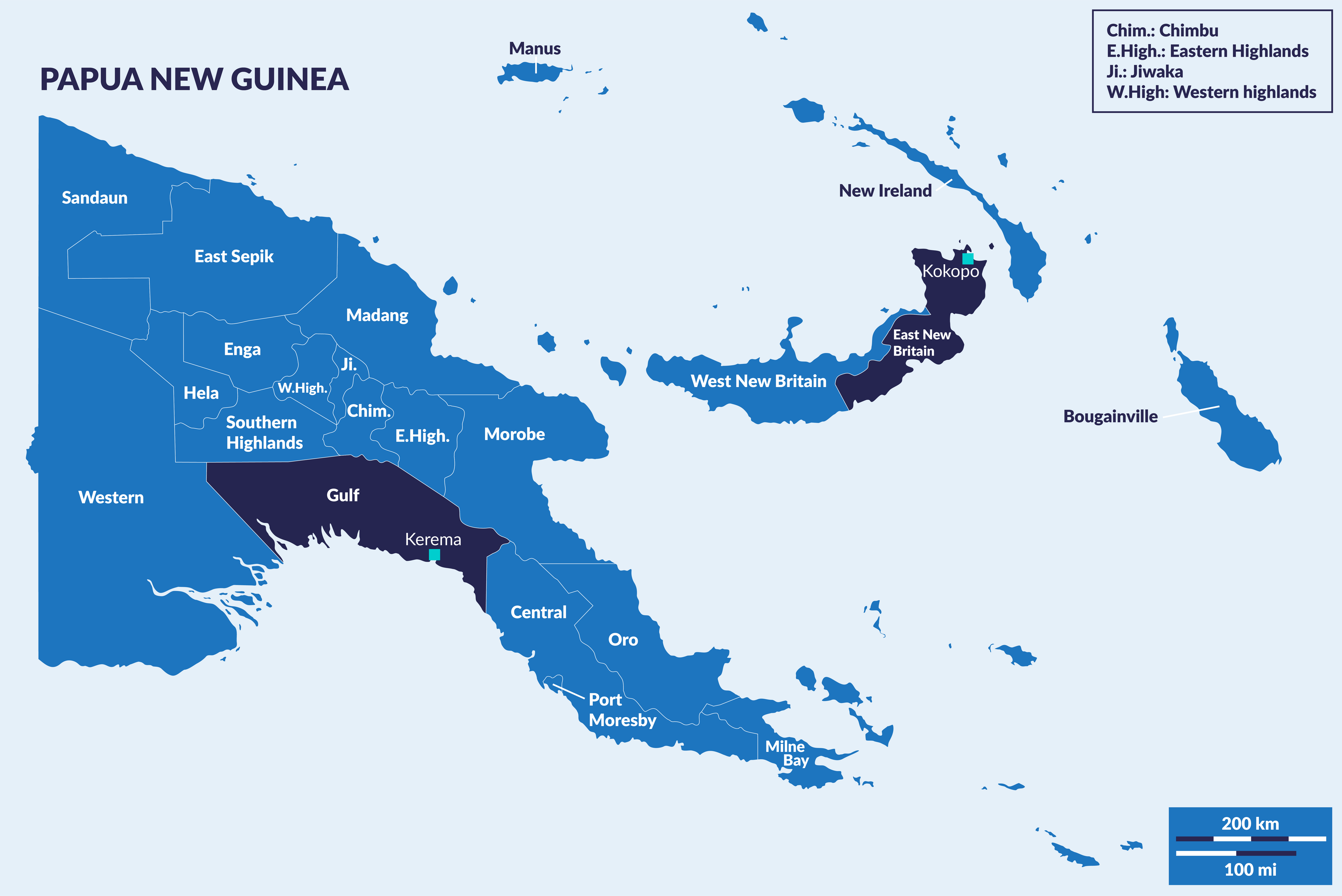 Map of PNG showing Gulf and East New Britain provinces