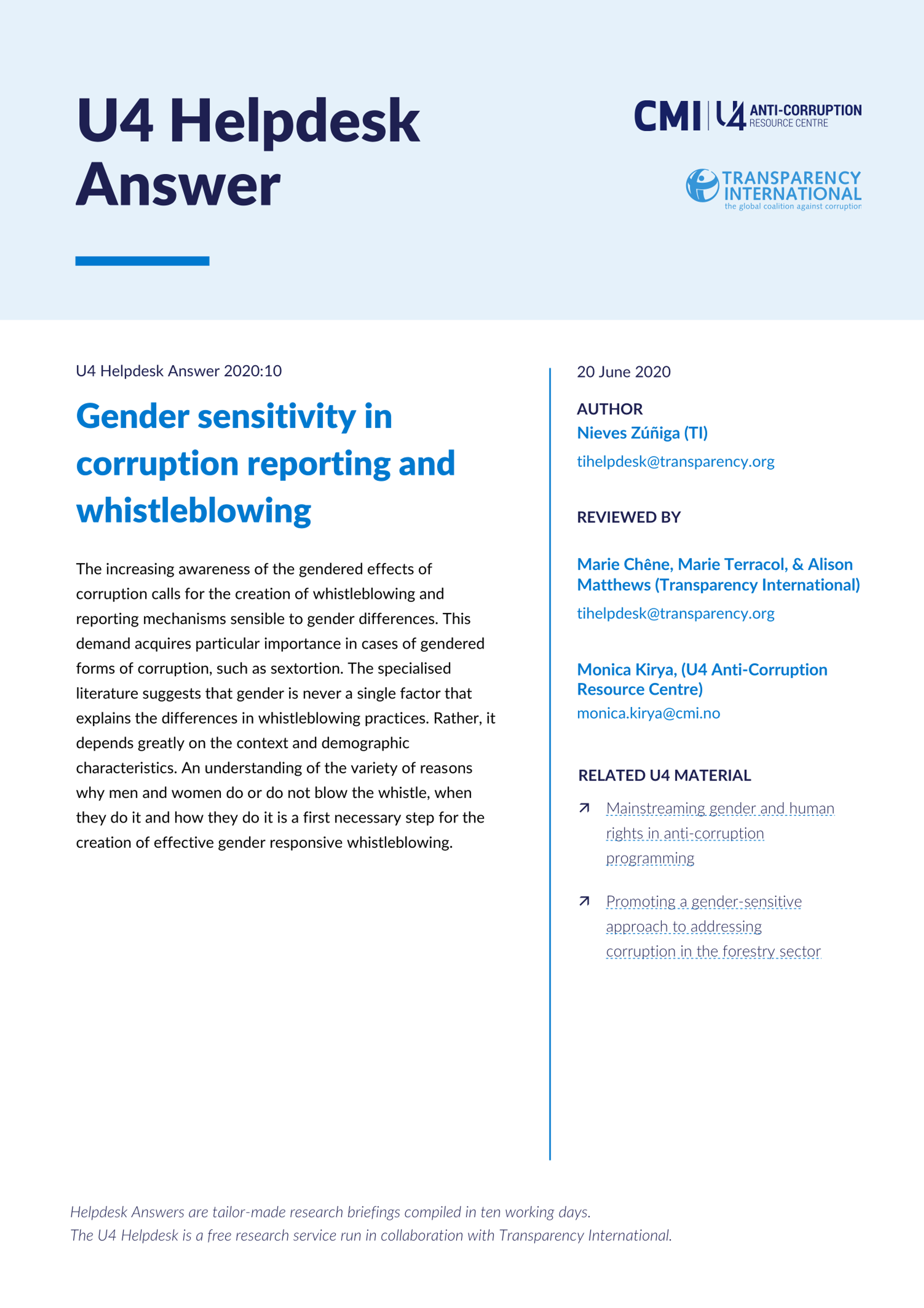 Gender sensitivity in corruption reporting and whistleblowing