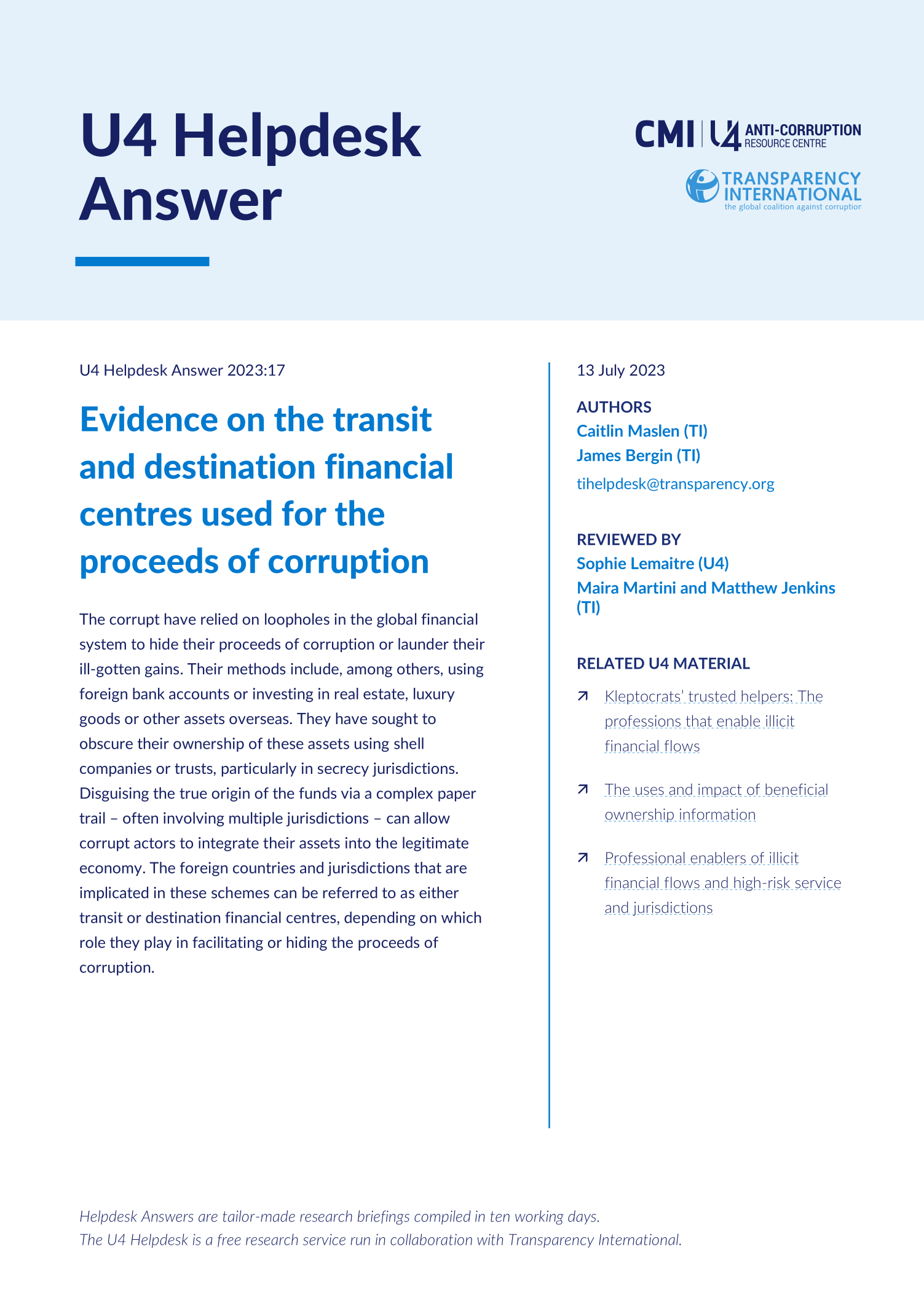 Evidence on the transit and destination financial centres used for the proceeds of corruption