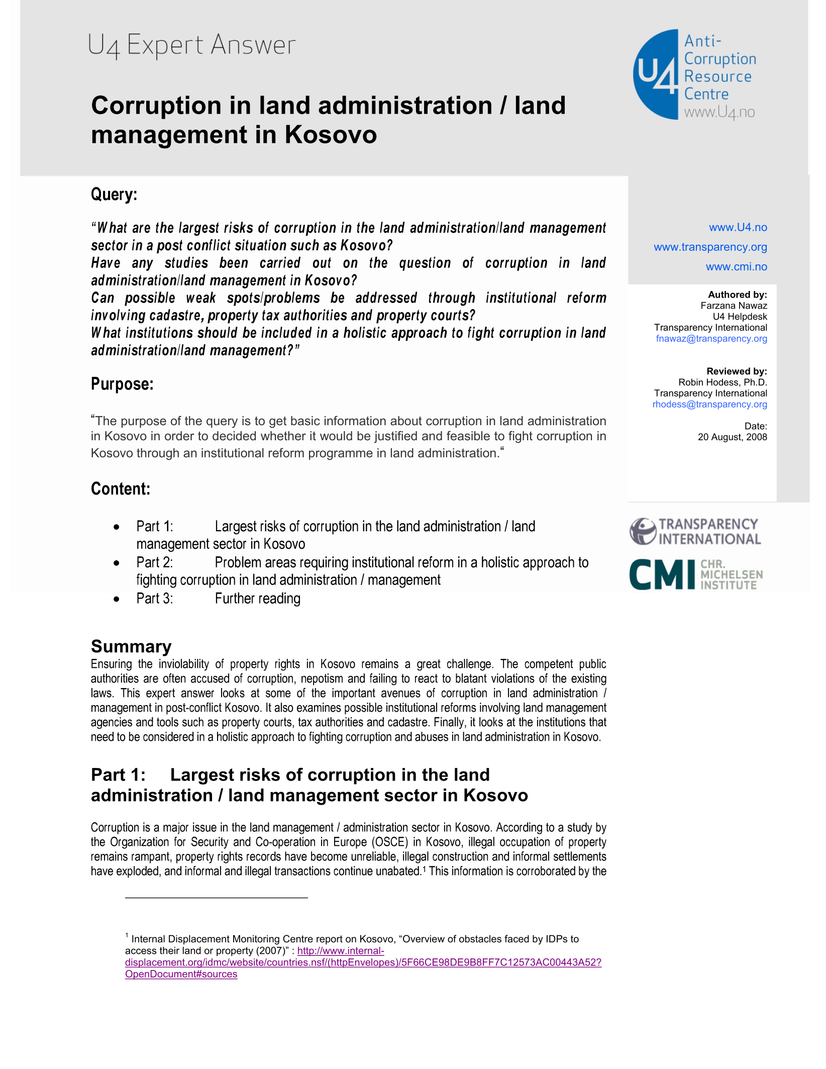 Corruption in land administration / land management in Kosovo