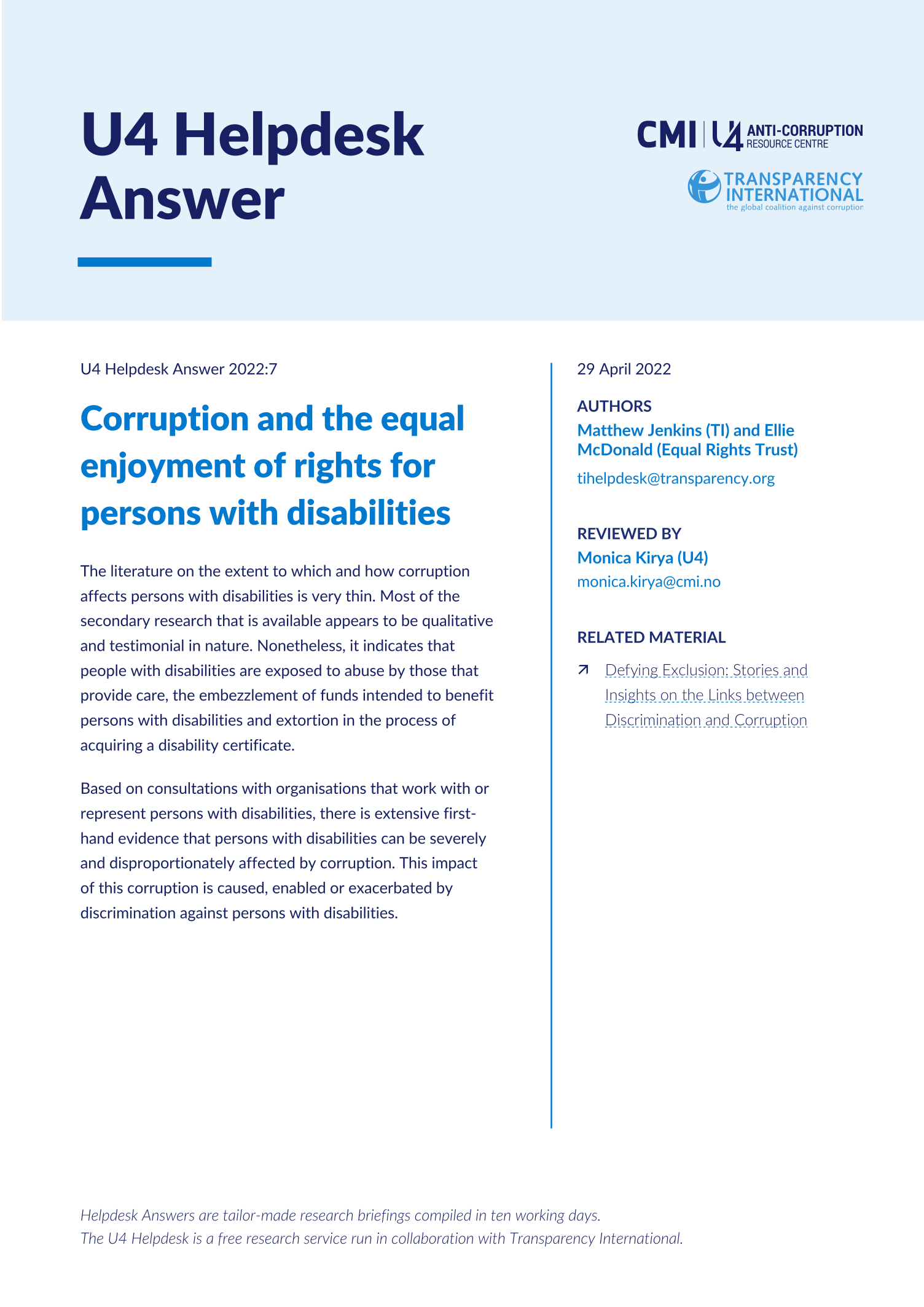 Corruption and the equal enjoyment of rights for persons with disabilities