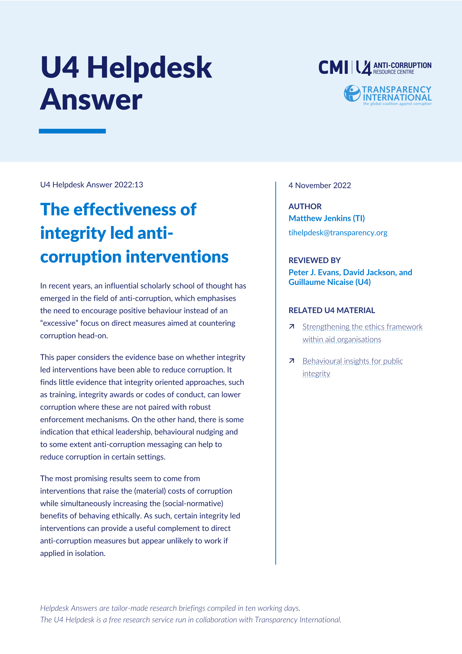 The effectiveness of integrity led anti-corruption interventions