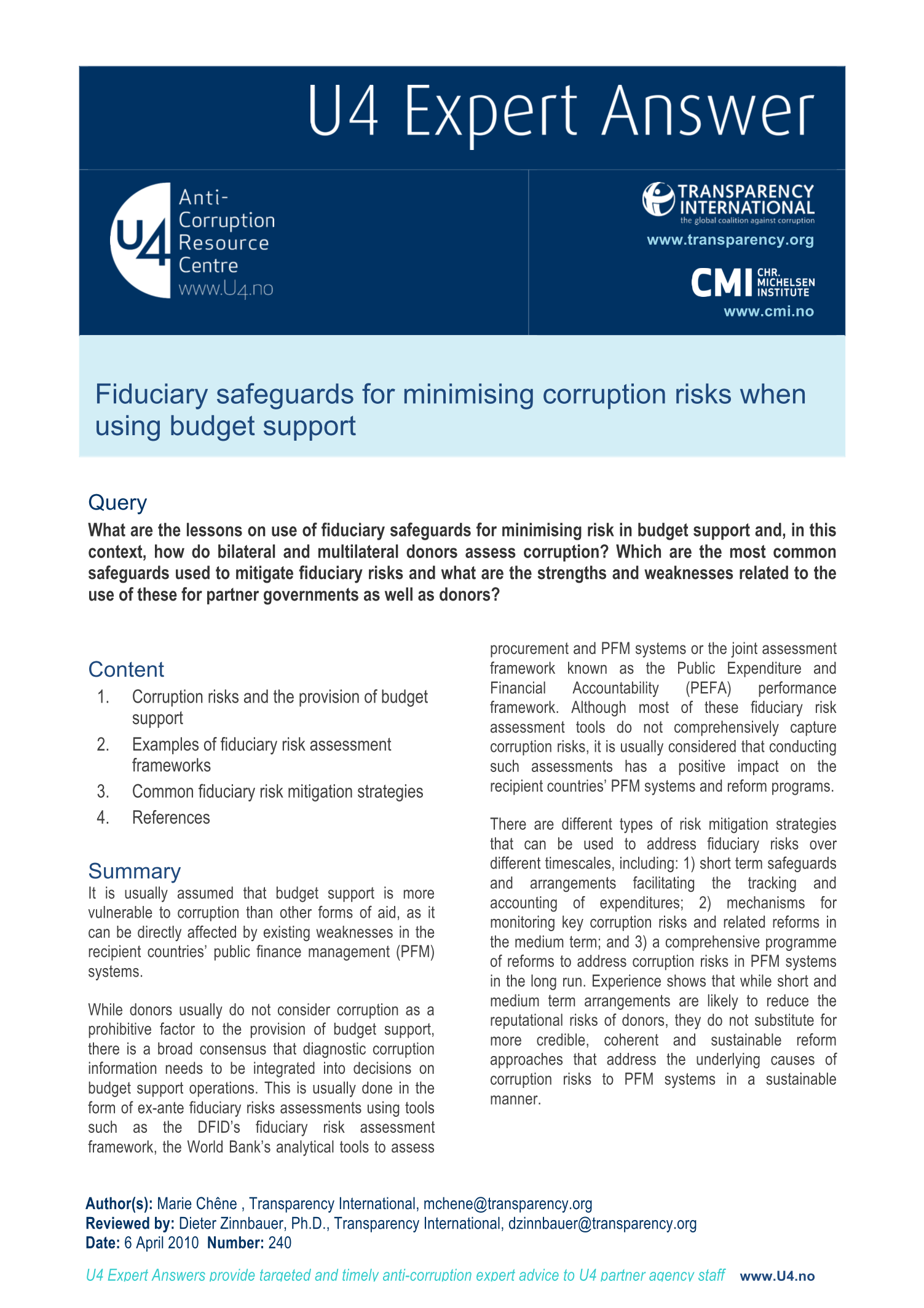 Fiduciary safeguards for minimising corruption risks when using budget support