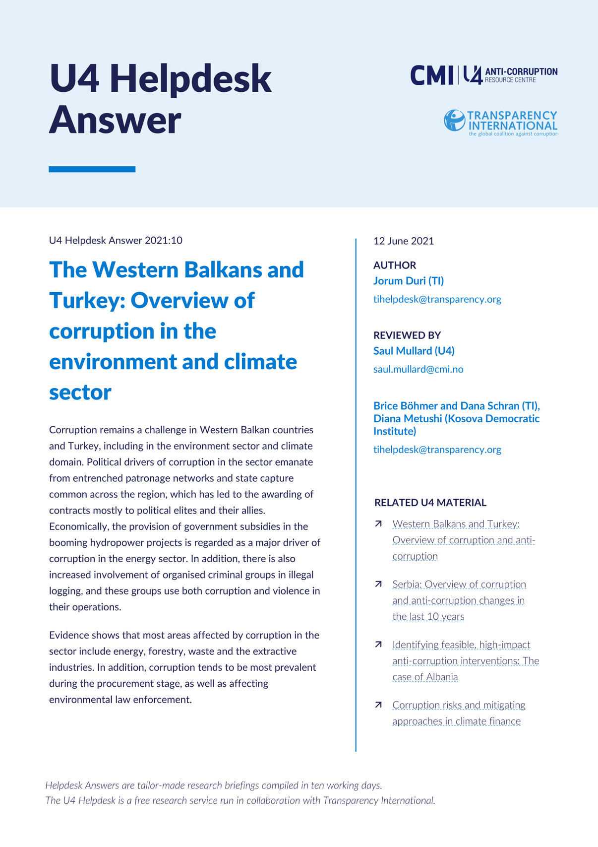 The Western Balkans and Turkey: Overview of corruption in the ...