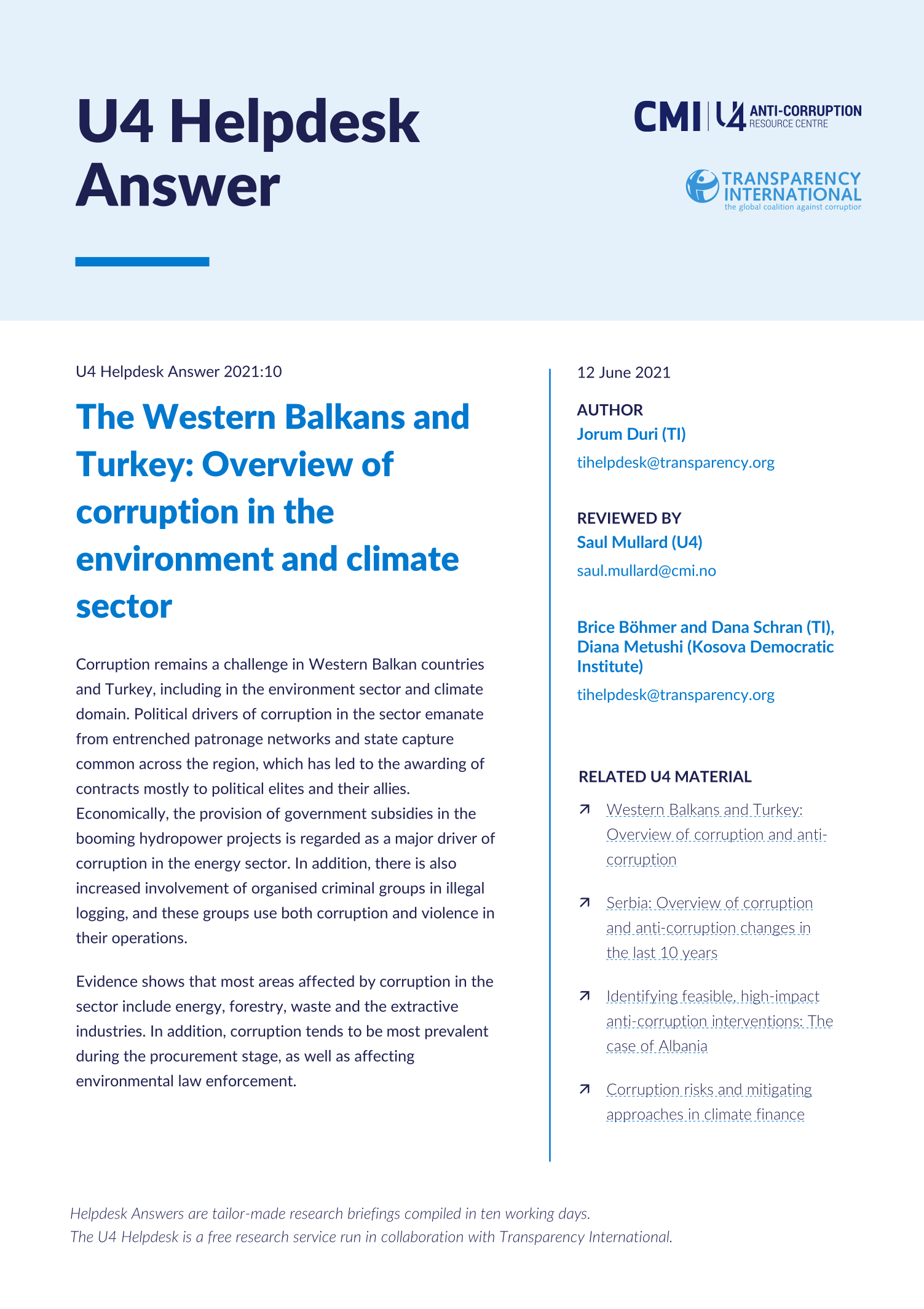 The Western Balkans and Turkey: Overview of corruption in the environment and climate sector