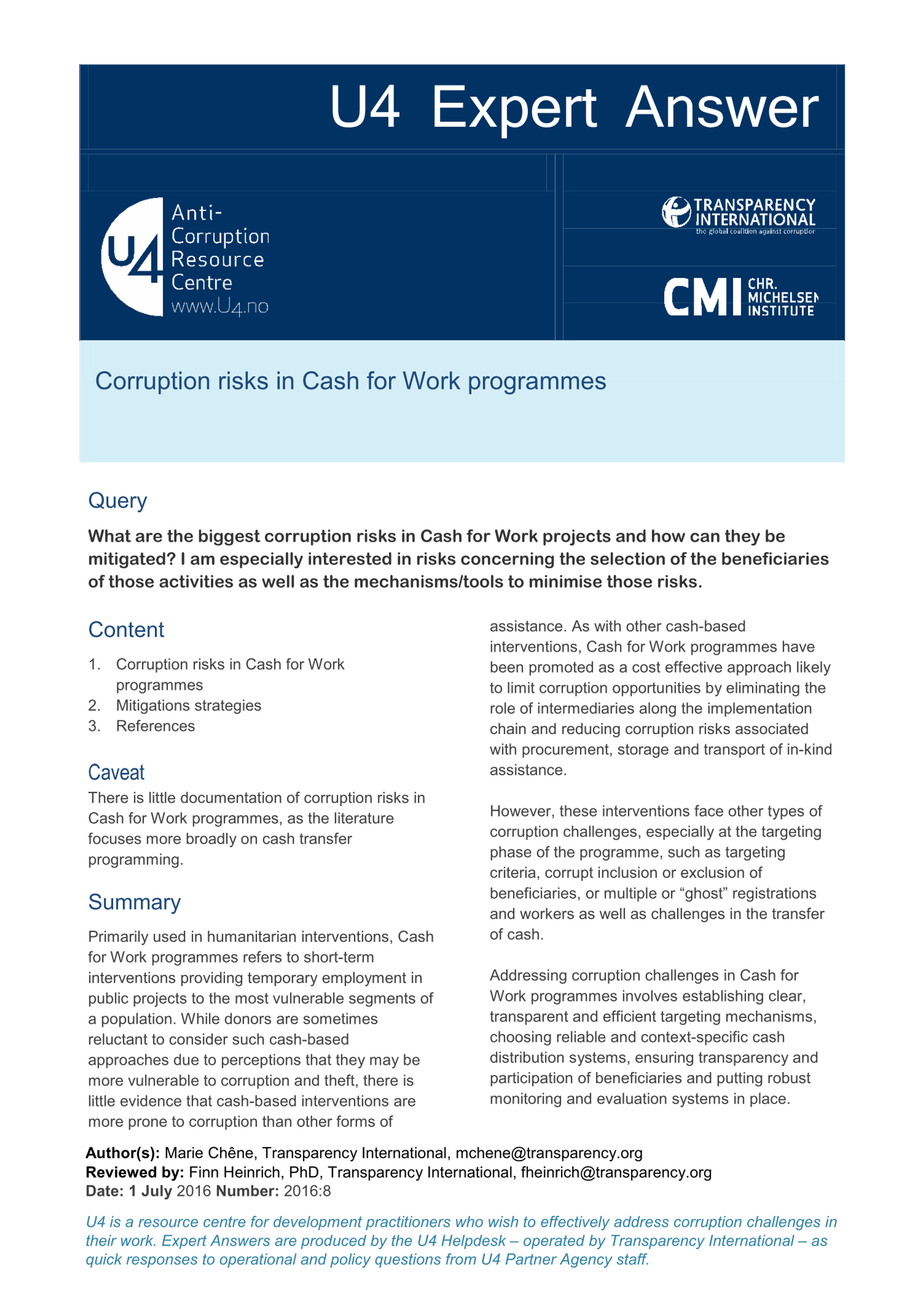 Corruption risks in Cash for Work programmes