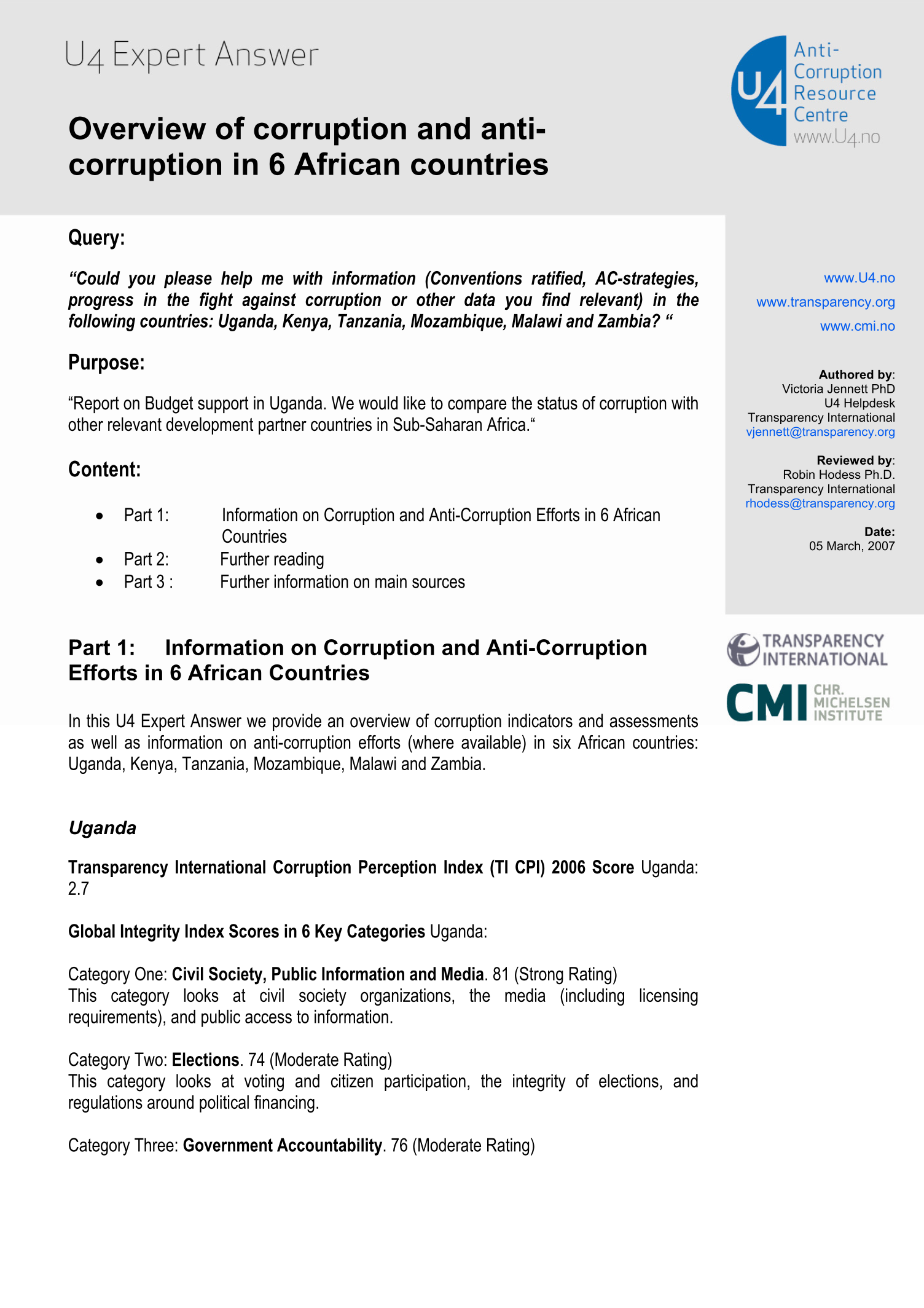 Overview of corruption and anti-corruption in six African countries