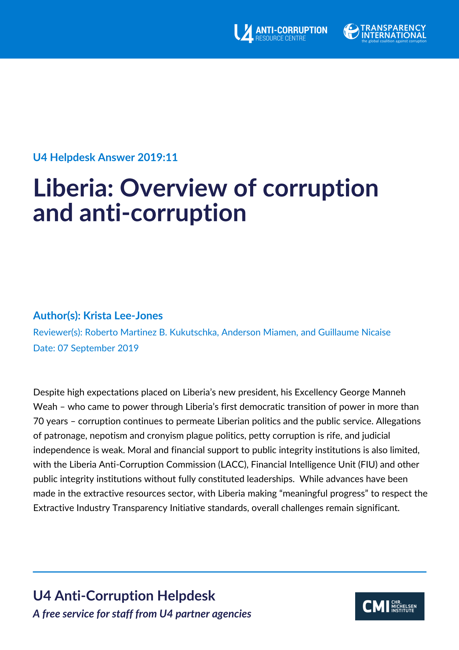 Liberia: Overview of corruption and anti-corruption