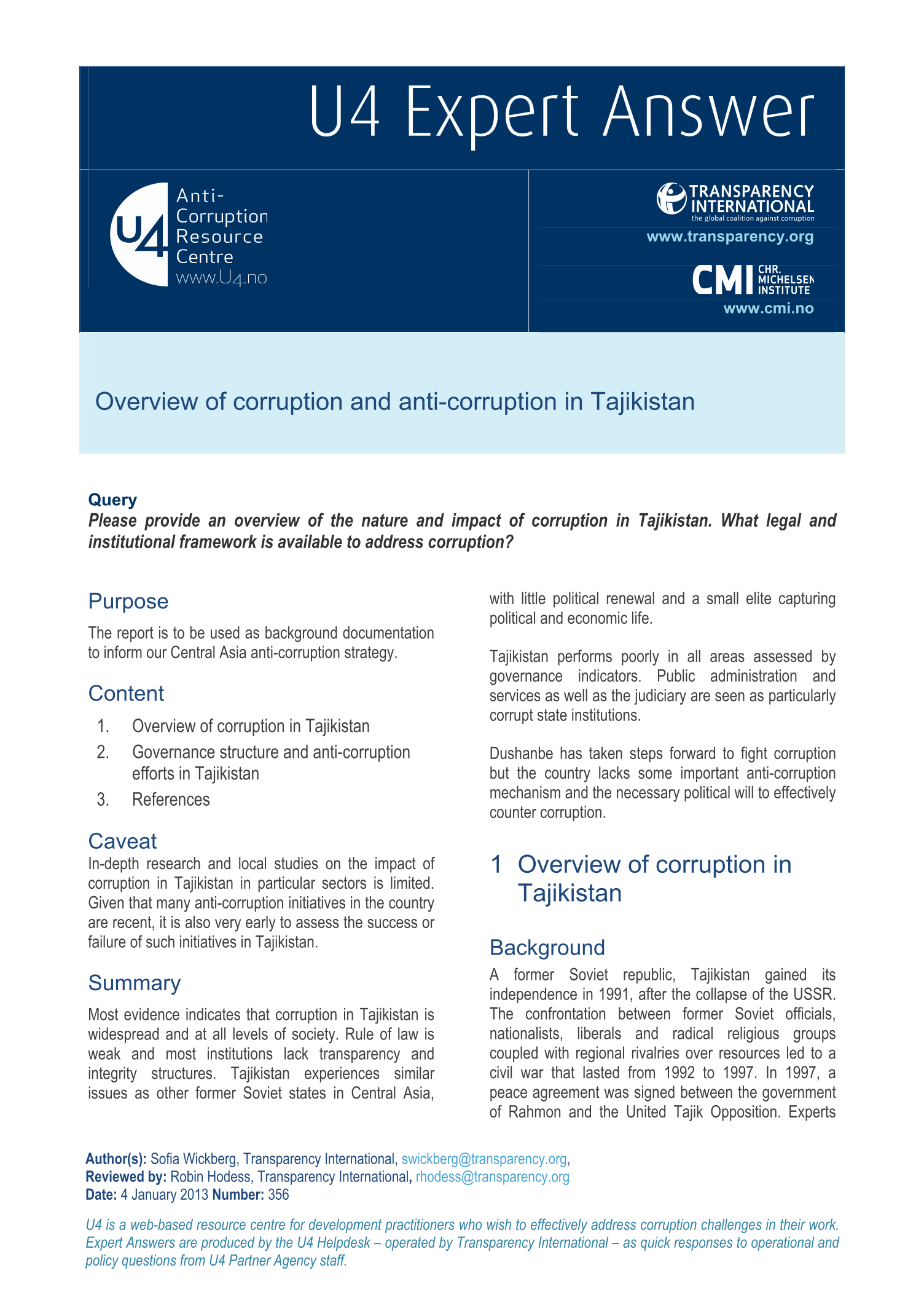 Overview of corruption and anti-corruption in Tajikistan