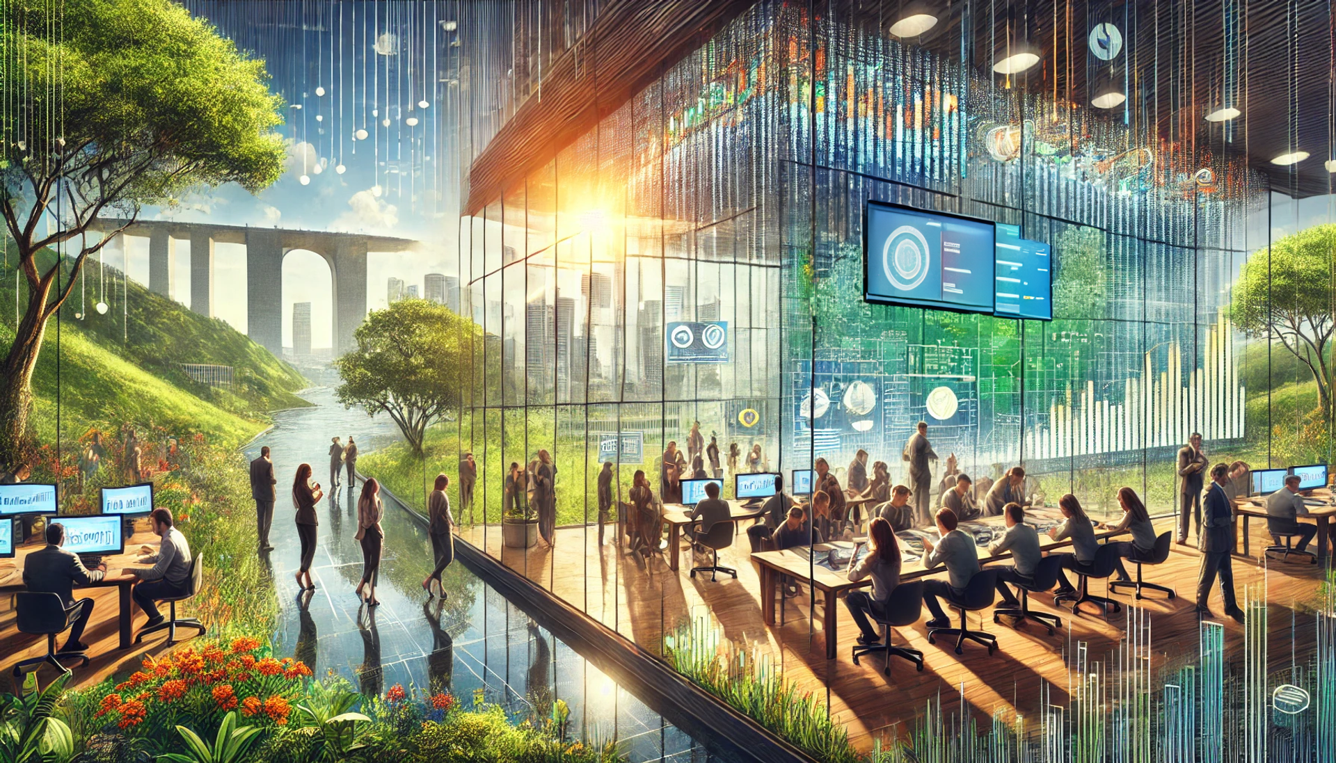 An AI-generated illustration of a translucent modern office space with workers in a lush setting full of greenery