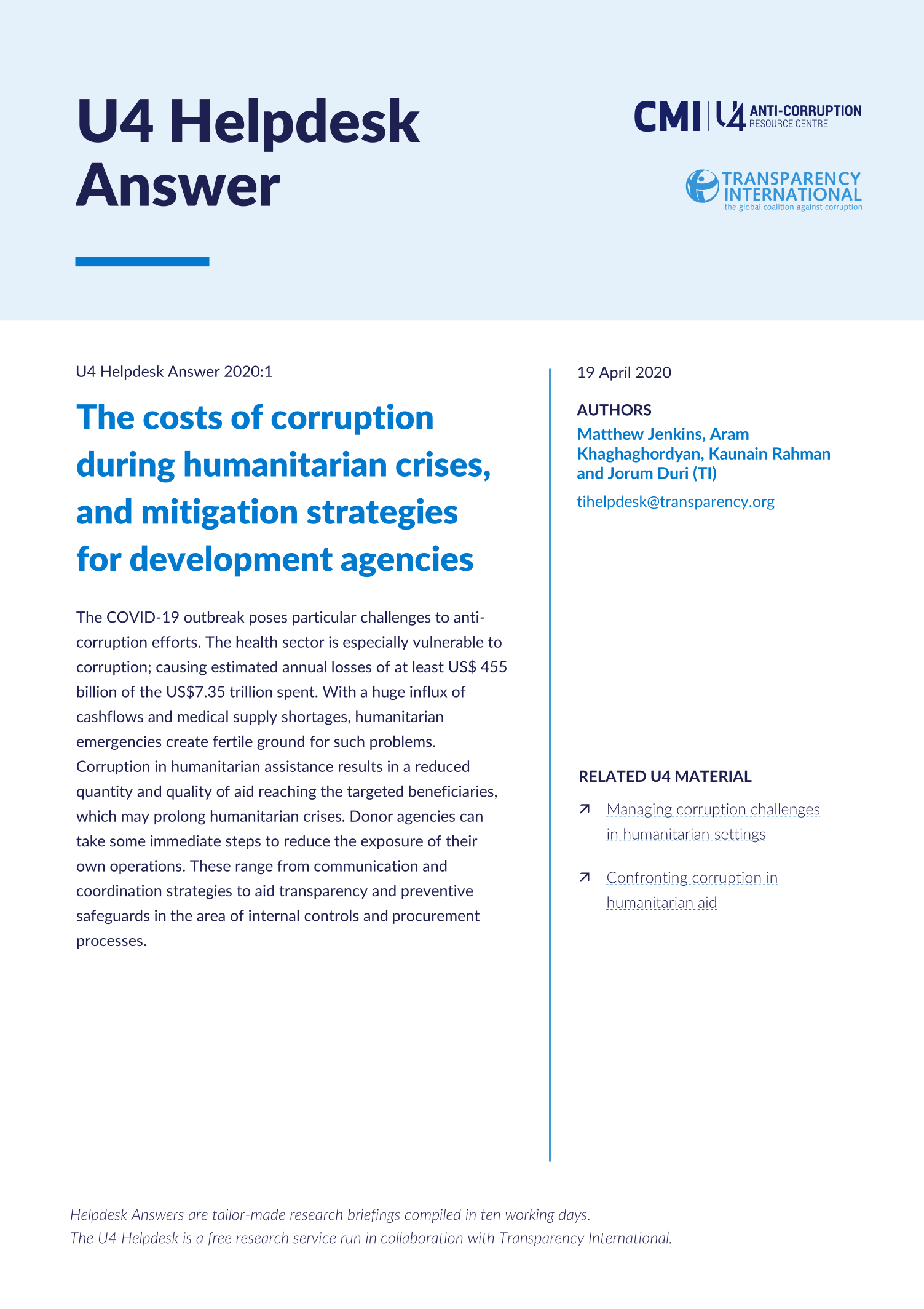 The costs of corruption during humanitarian crises, and mitigation strategies for development agencies