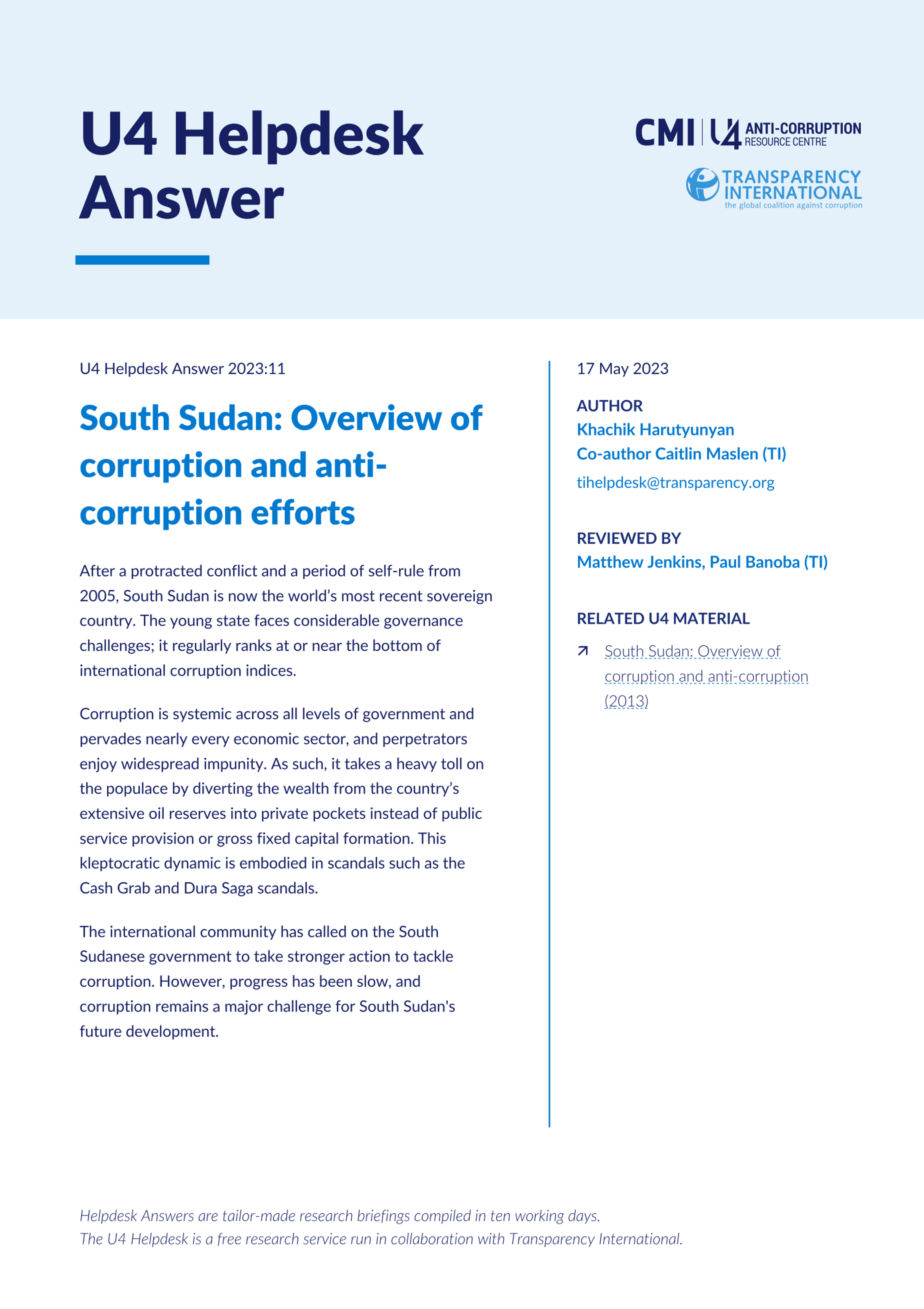 South Sudan: Corruption and anti-corruption