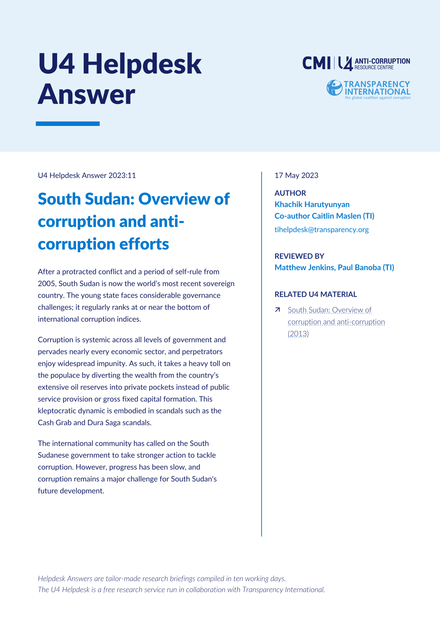 South Sudan: Corruption and anti-corruption