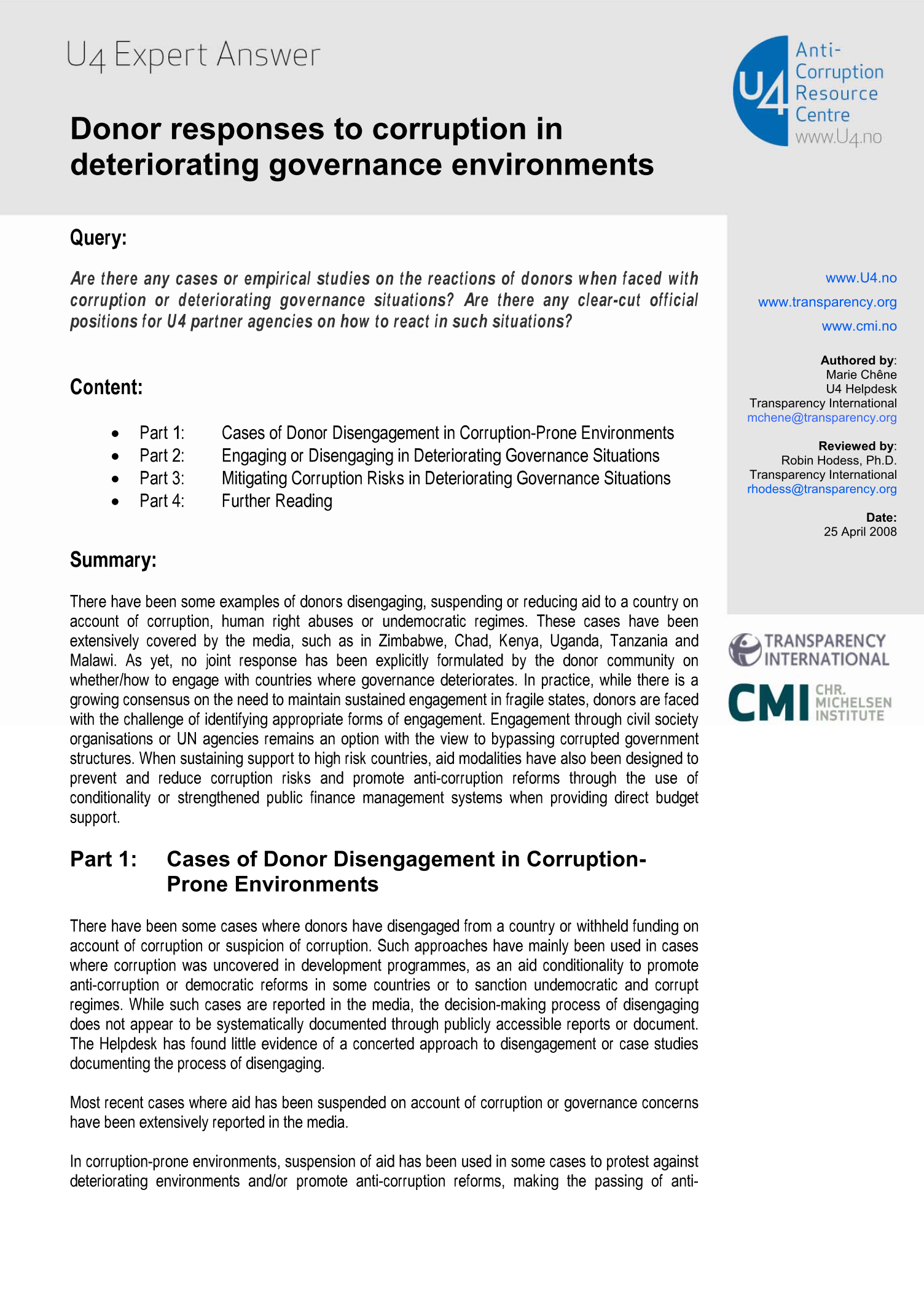 Donor responses to corruption in deteriorating governance environments