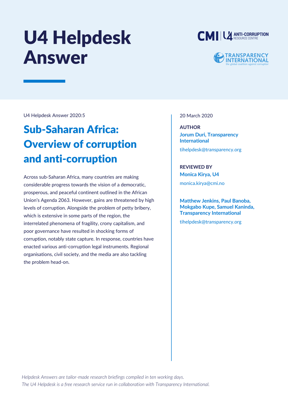 Sub Saharan Africa Overview Of Corruption And Anti Corruption