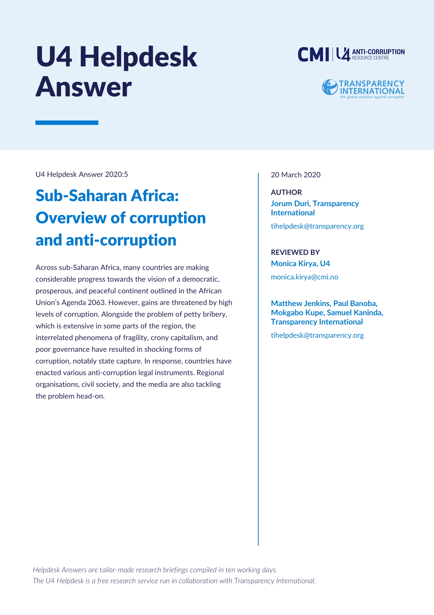 Sub-Saharan Africa: Overview of corruption and anti-corruption