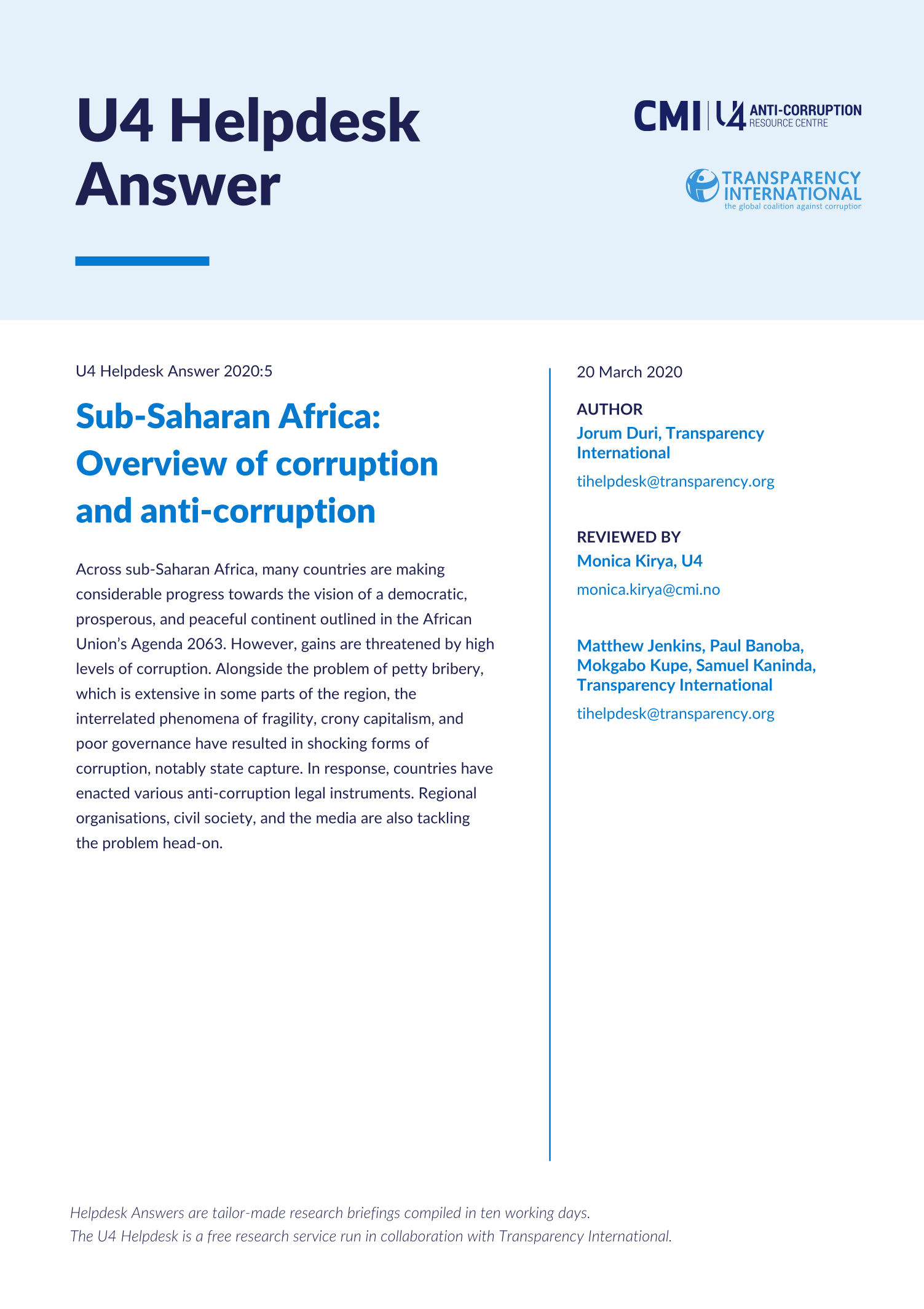 Sub-Saharan Africa: Overview of corruption and anti-corruption 