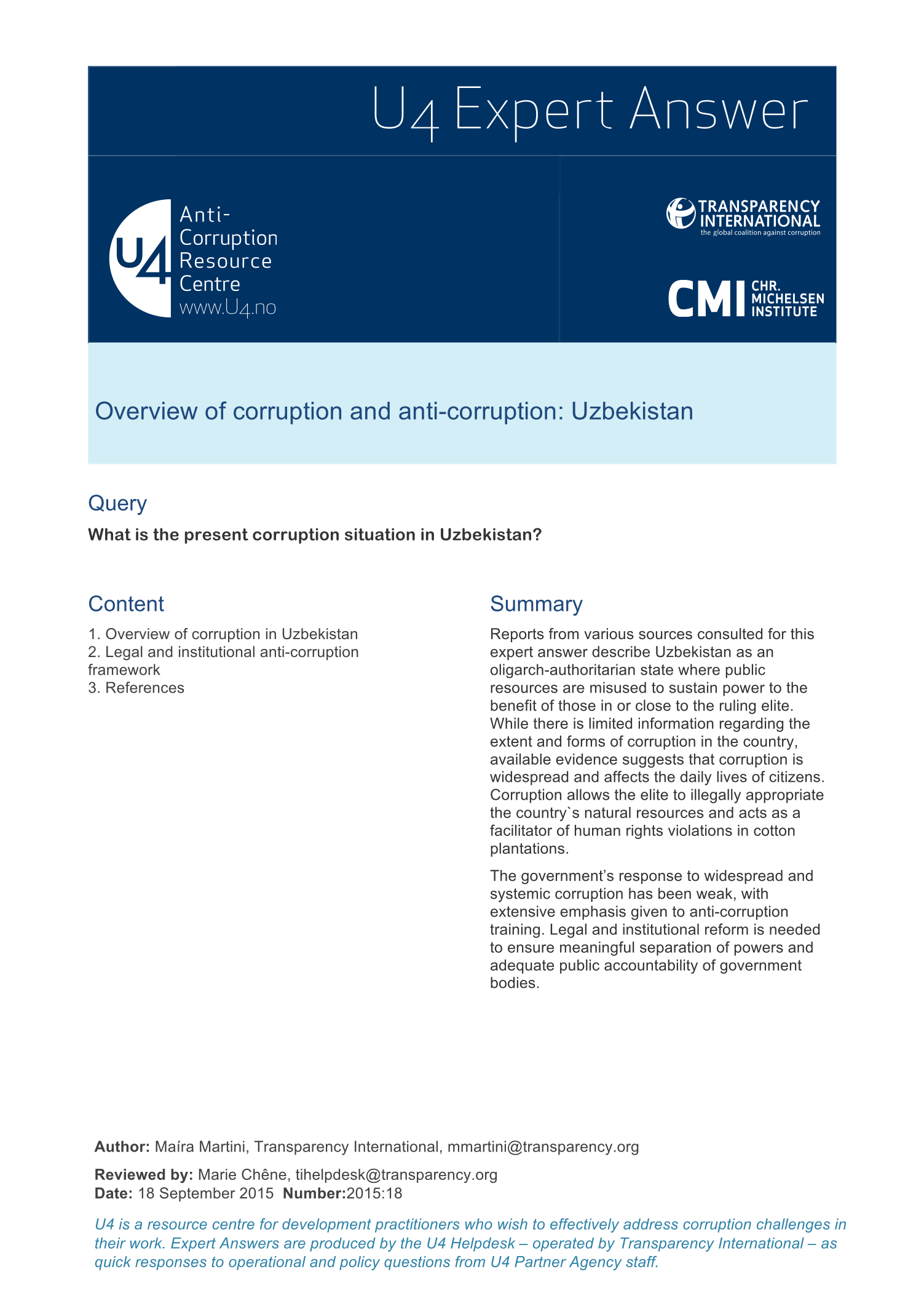 Overview of corruption and anti-corruption: Uzbekistan