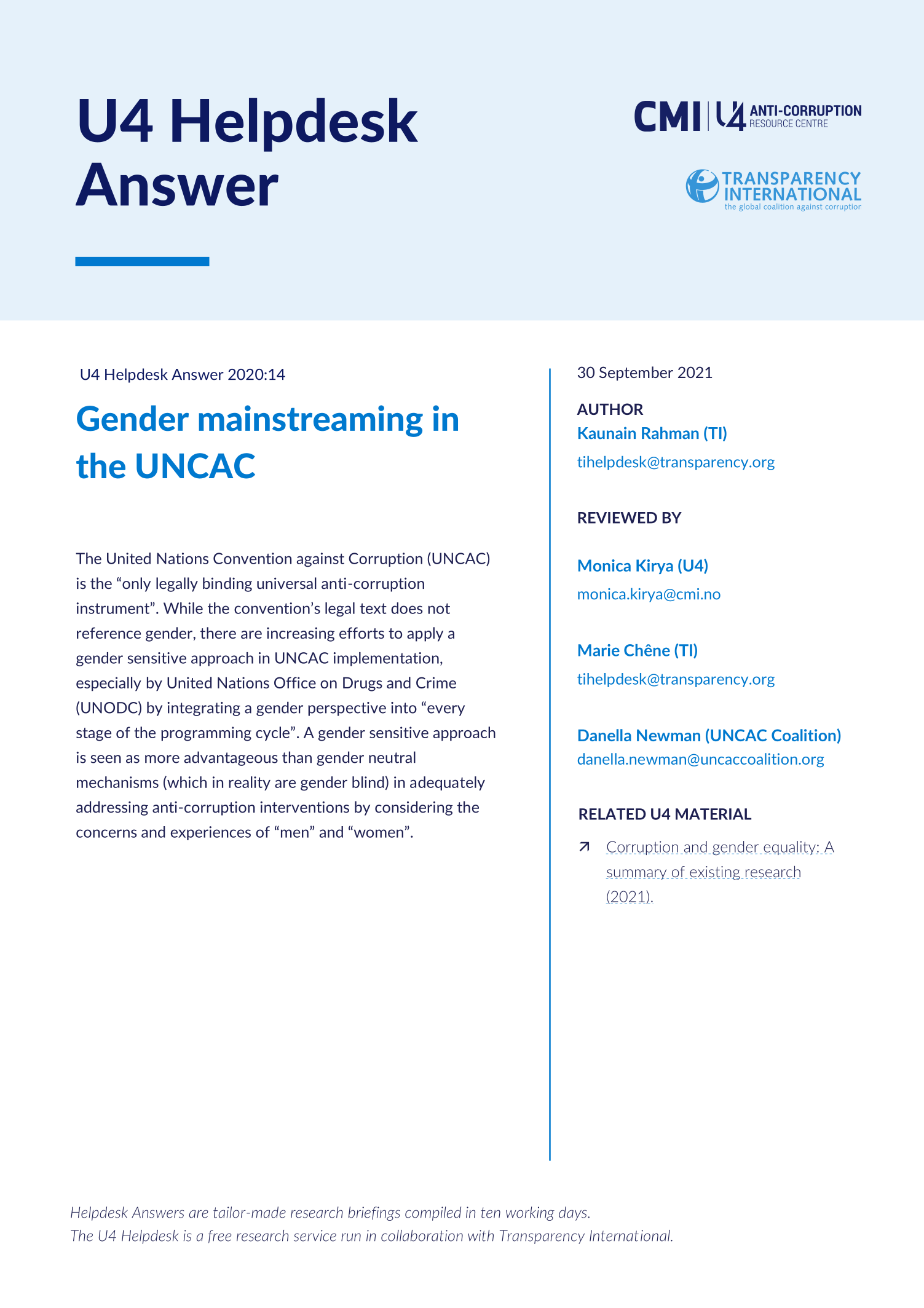 Gender mainstreaming in the UNCAC