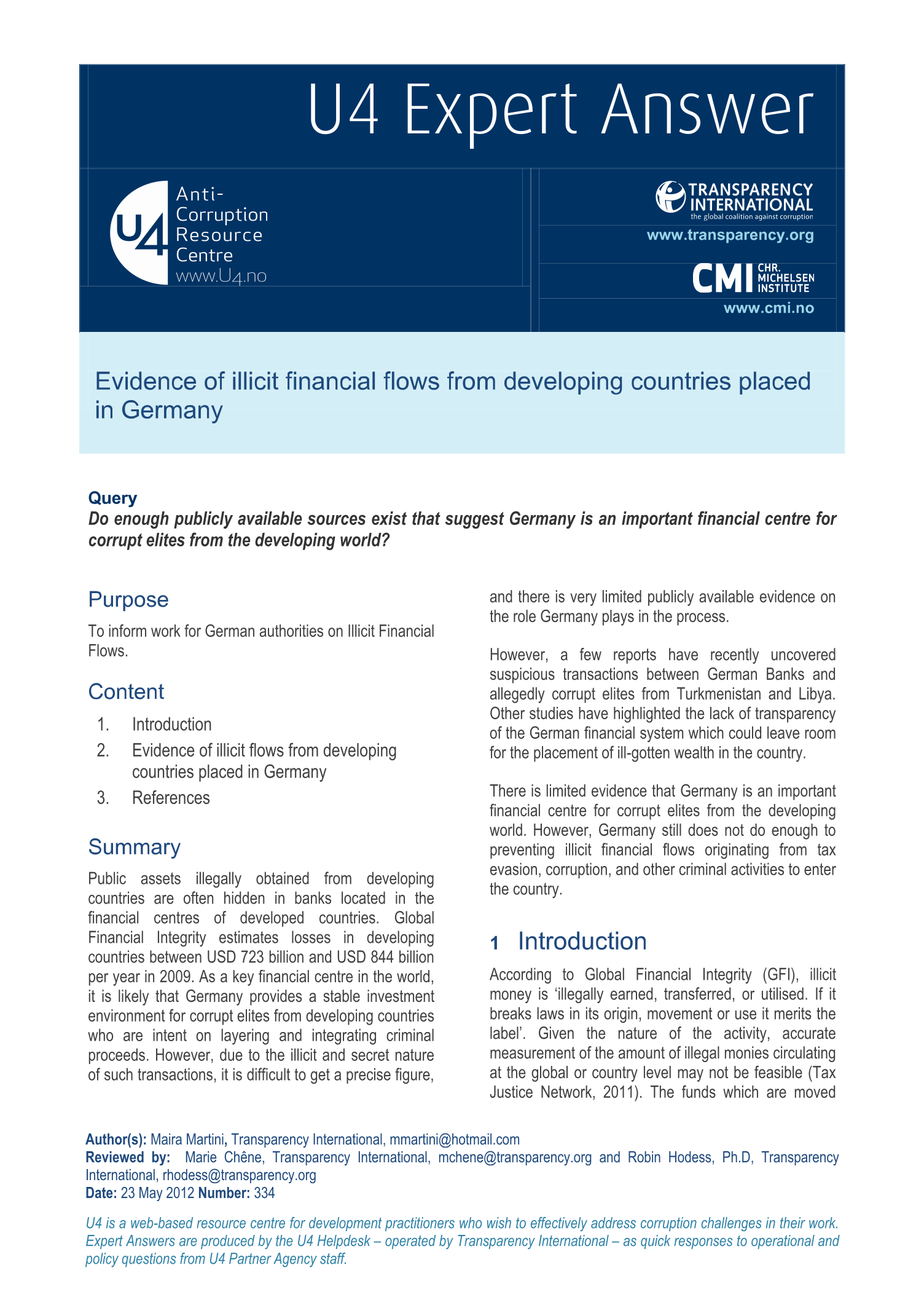 Evidence of illicit financial flows from developing countries placed in Germany