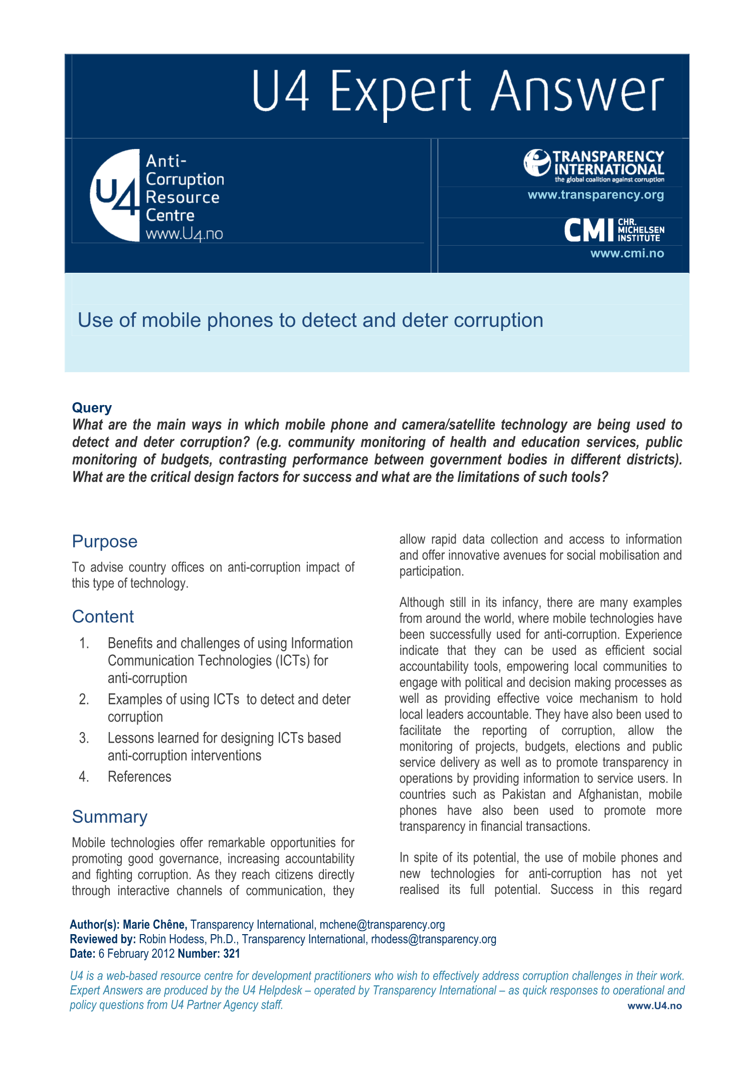 Use of mobile phones to detect and deter corruption  