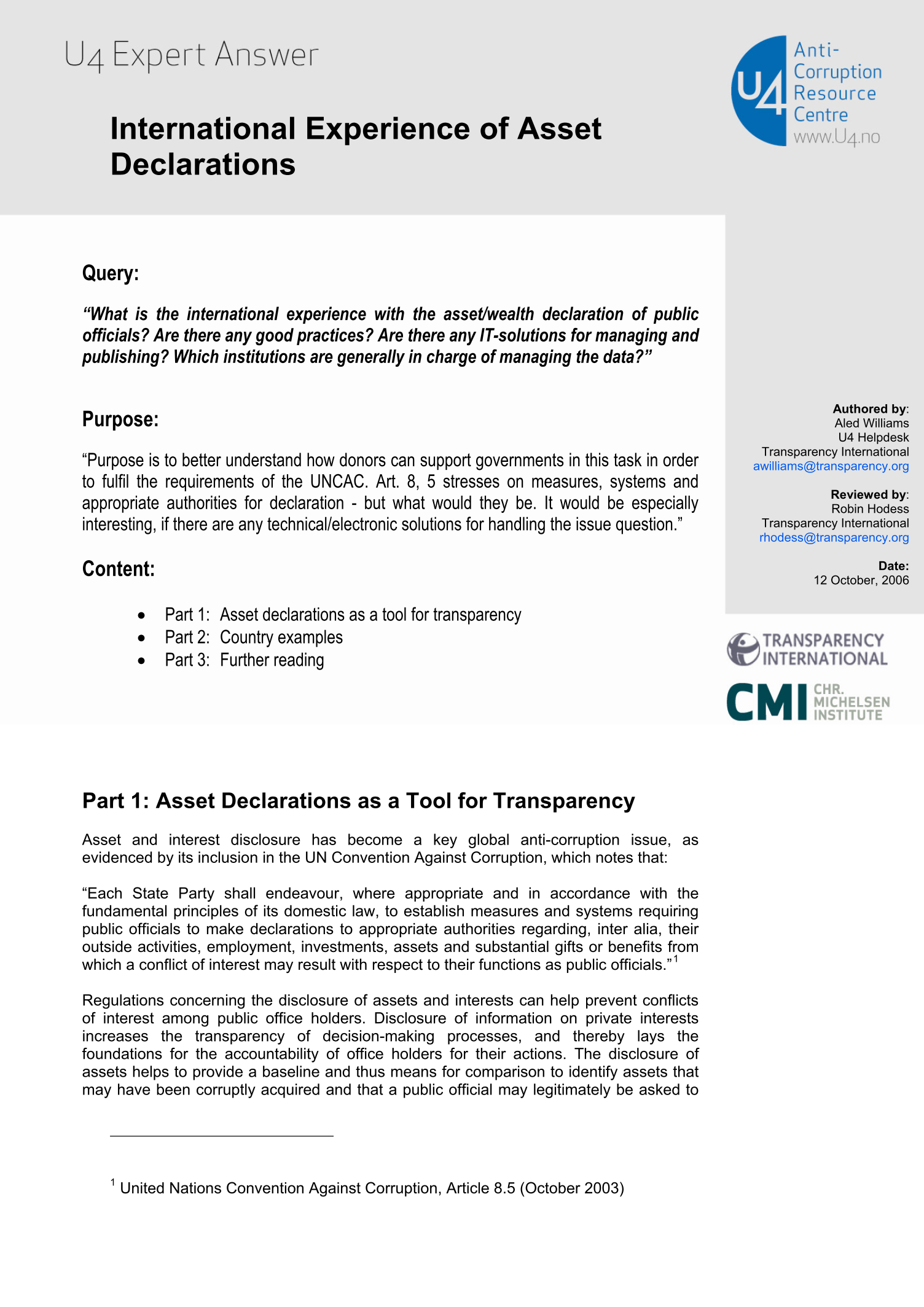International experience with asset declarations