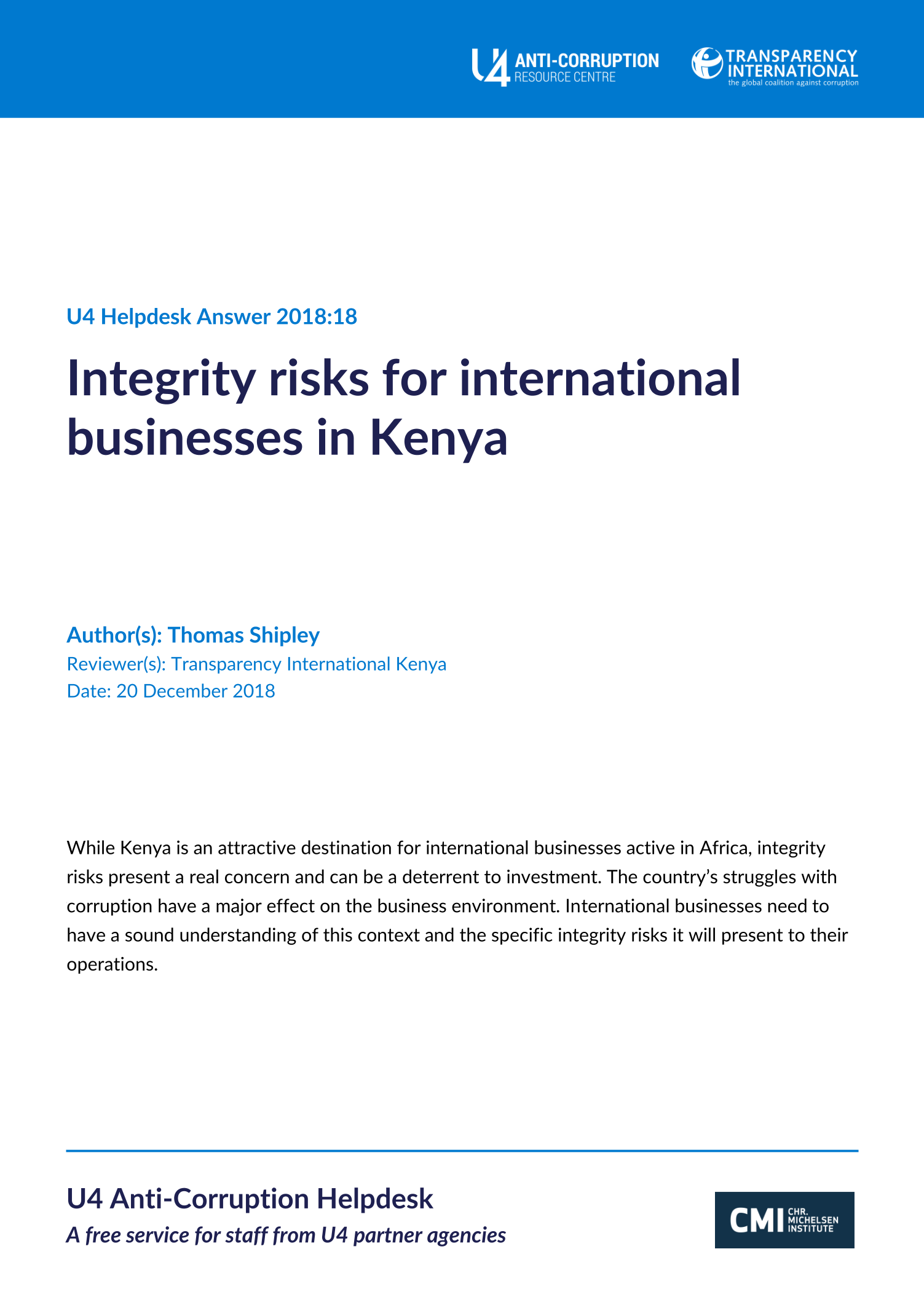 Integrity risks for international businesses in Kenya