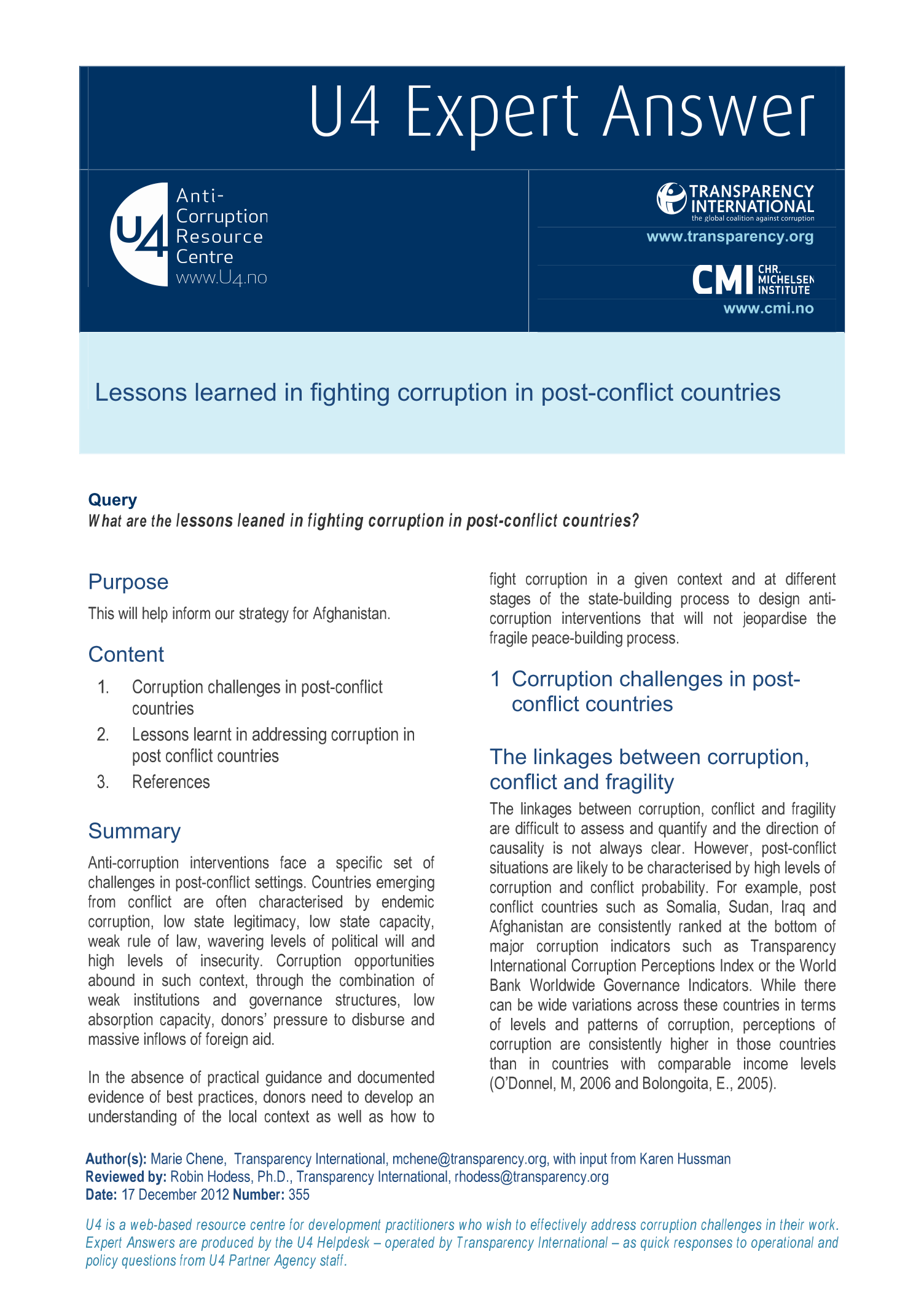Lessons learned in fighting corruption in post-conflict countries