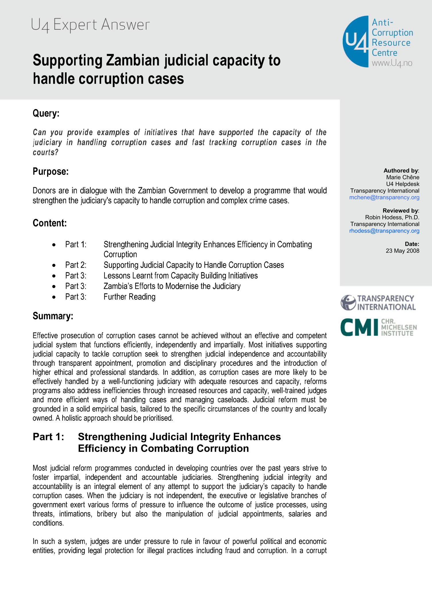 Supporting Zambian judicial capacity to handle corruption cases