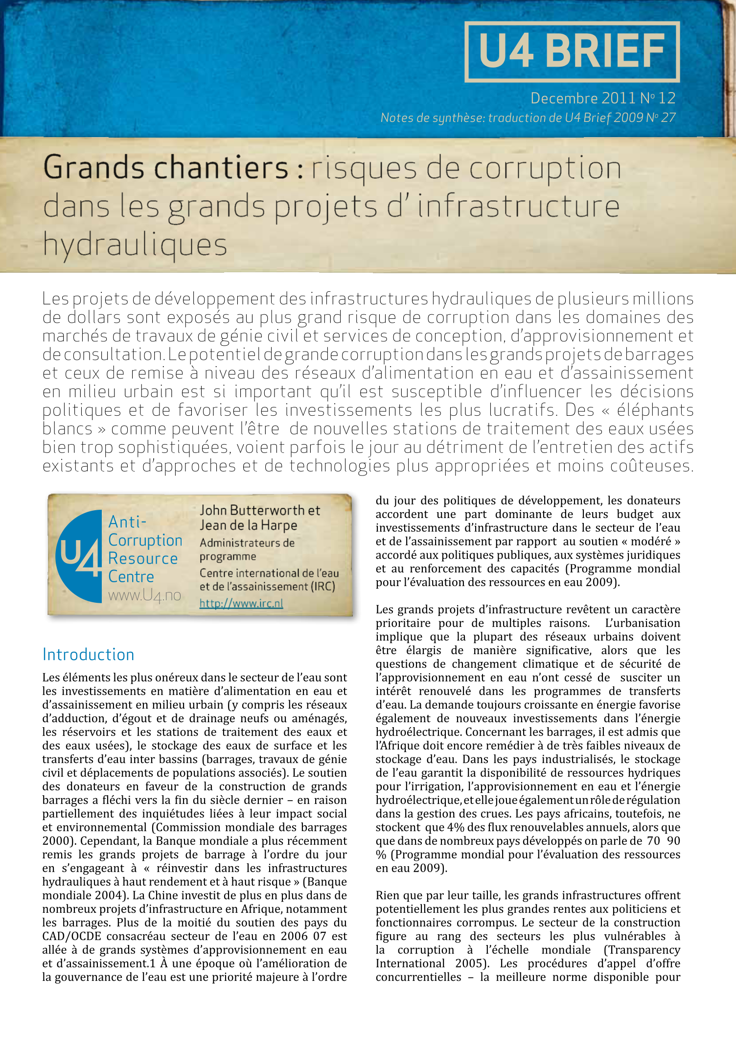 Grands chantiers : risques de corruption dans les grands projets d' infrastructure hydrauliques