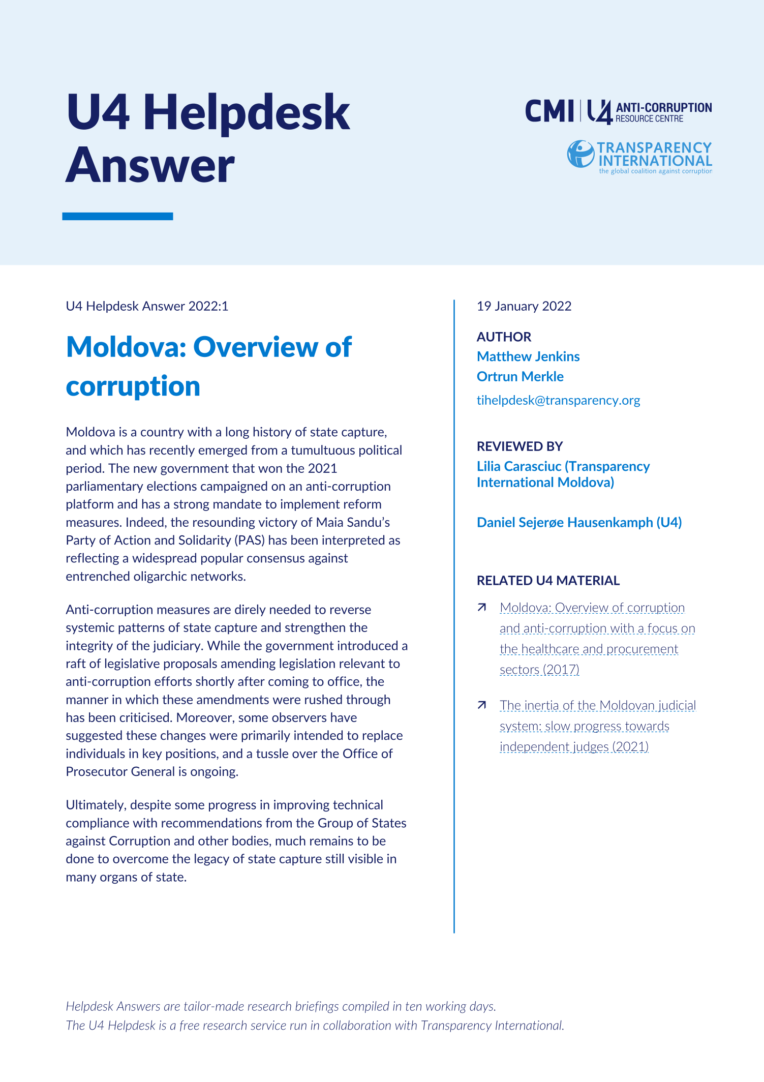 Moldova: Overview of corruption