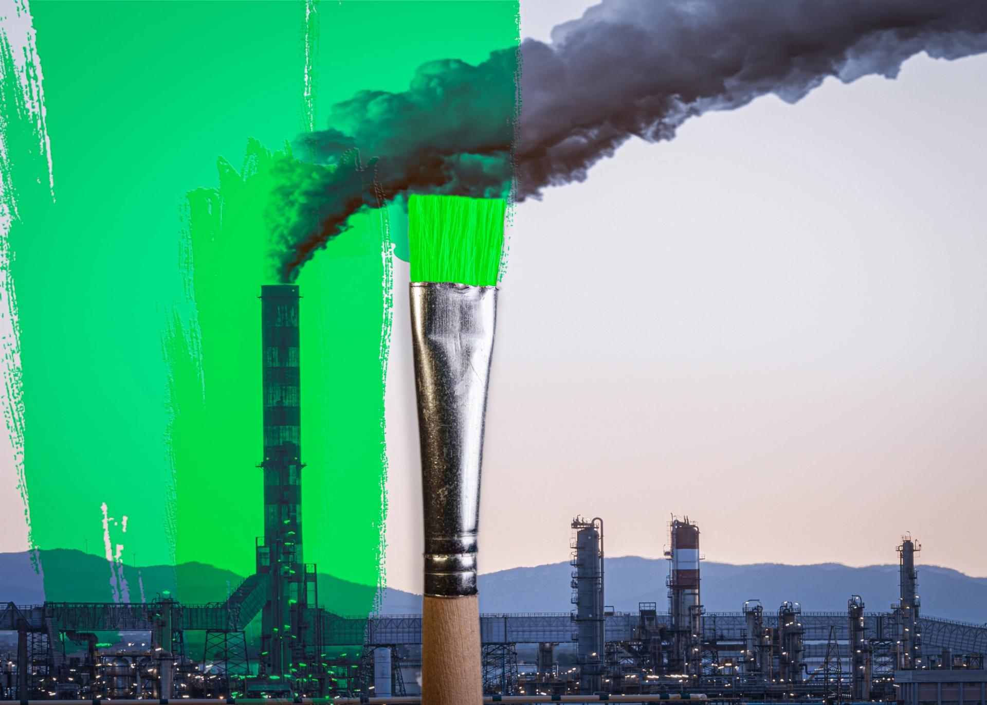 A photo collage showing an industrial smoke stack or chimney, with a paintbrush overlaying the photo with green paint
