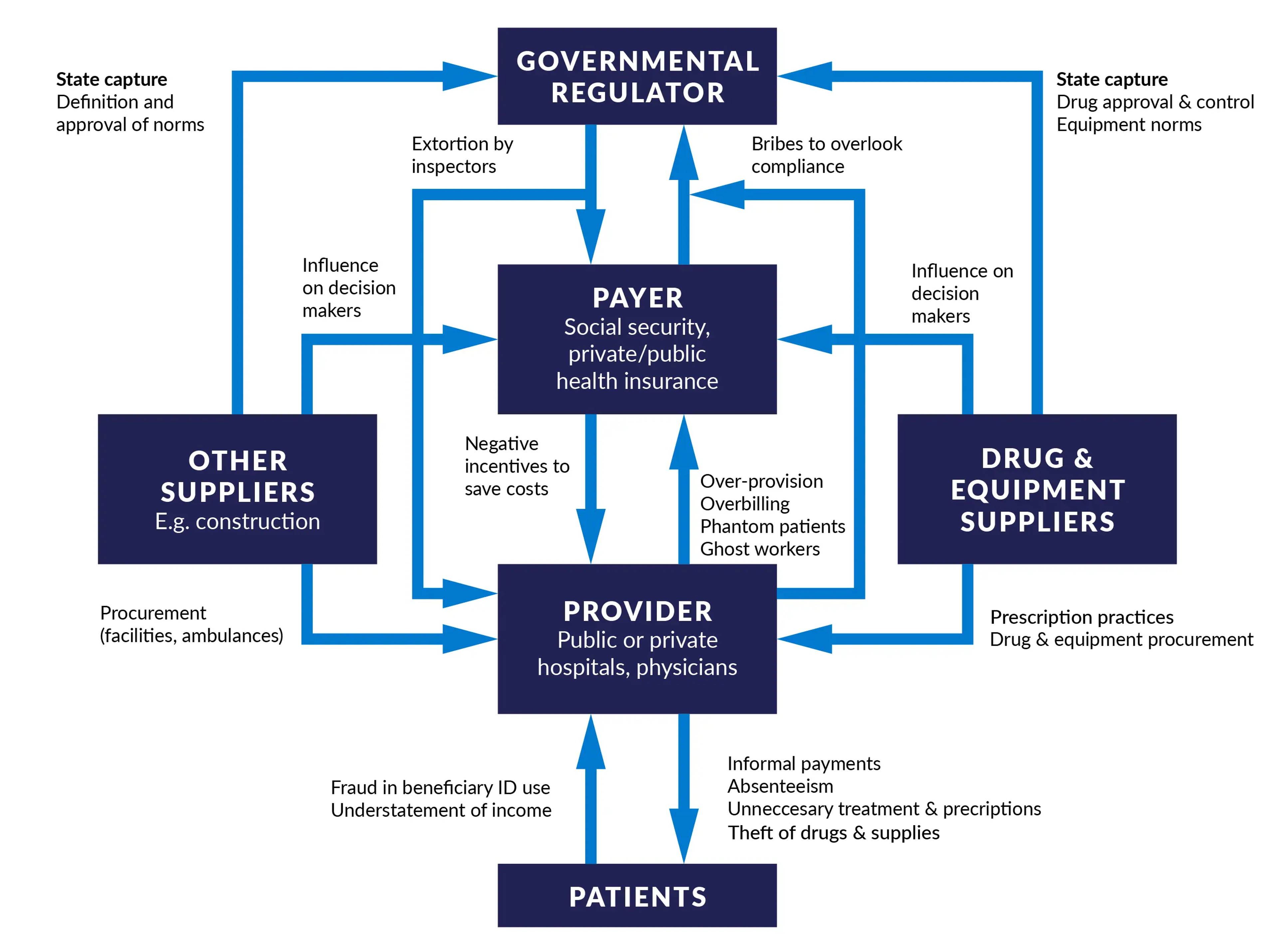 Flowchart showing connections between different health sector actors: Government regulator, payer, provider, patient, drug and equipment suppliers, other suppliers.