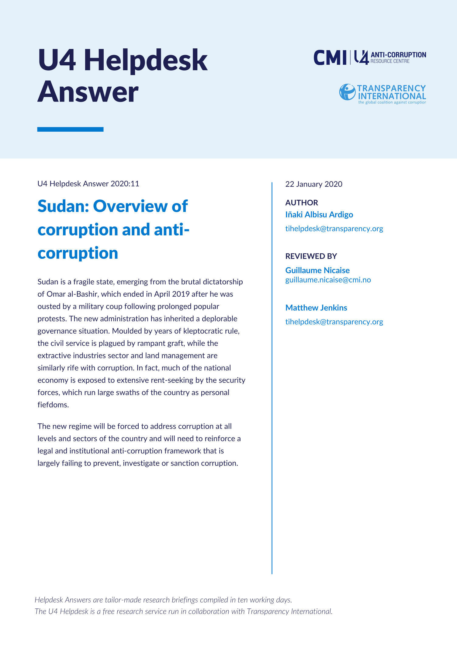Sudan: Overview of corruption and anti-corruption