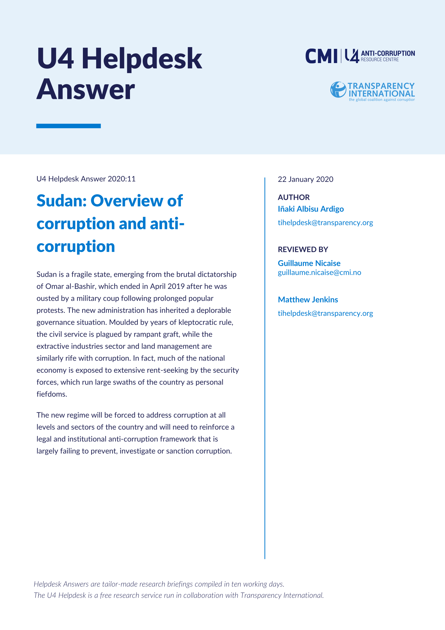 Sudan: Overview of corruption and anti-corruption 