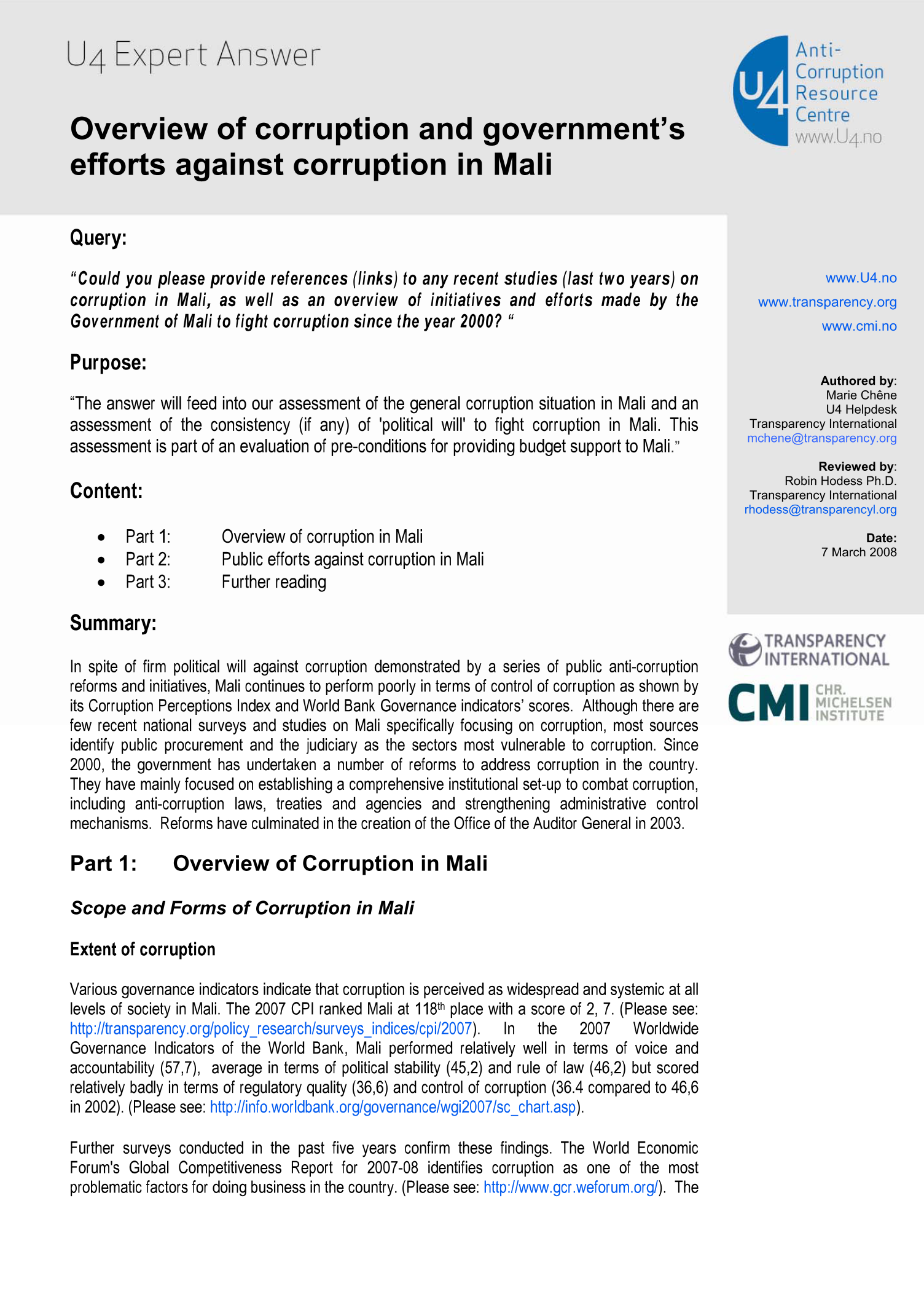 Overview of corruption and government's efforts against corruption in Mali