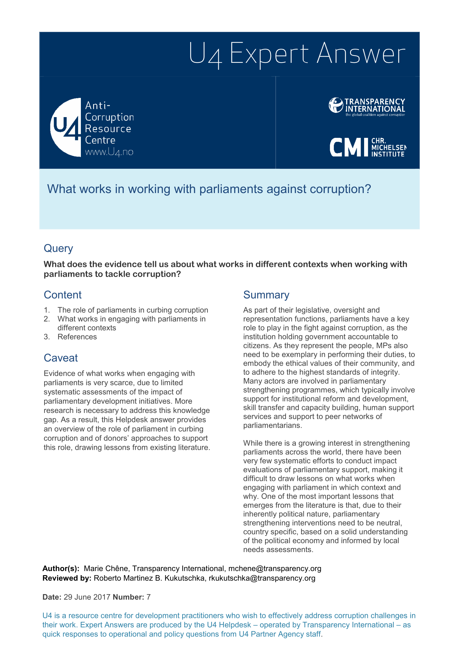 What works in working with parliaments against corruption?