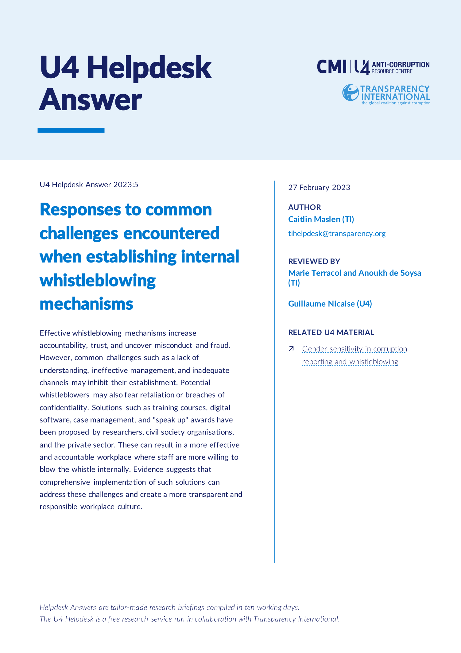 Responses to common challenges encountered when establishing internal whistleblowing mechanisms