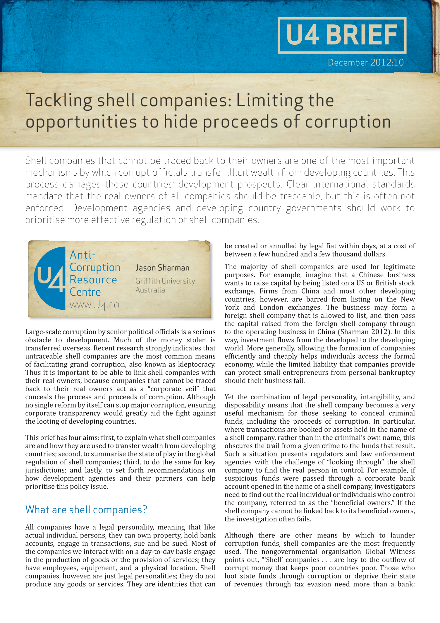Tackling shell companies: Limiting the opportunities to hide proceeds of corruption