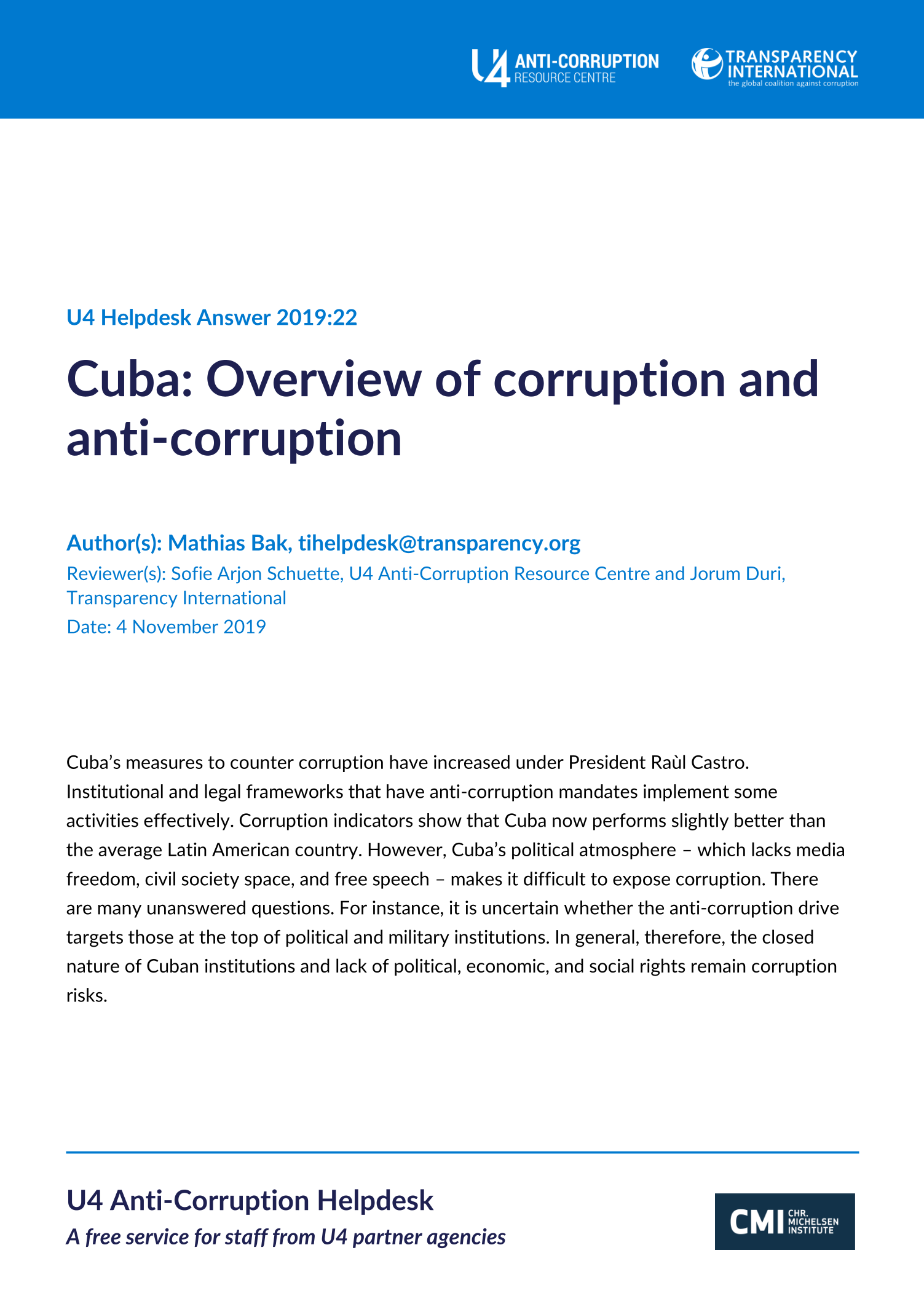 Cuba: Overview of corruption and anti-corruption