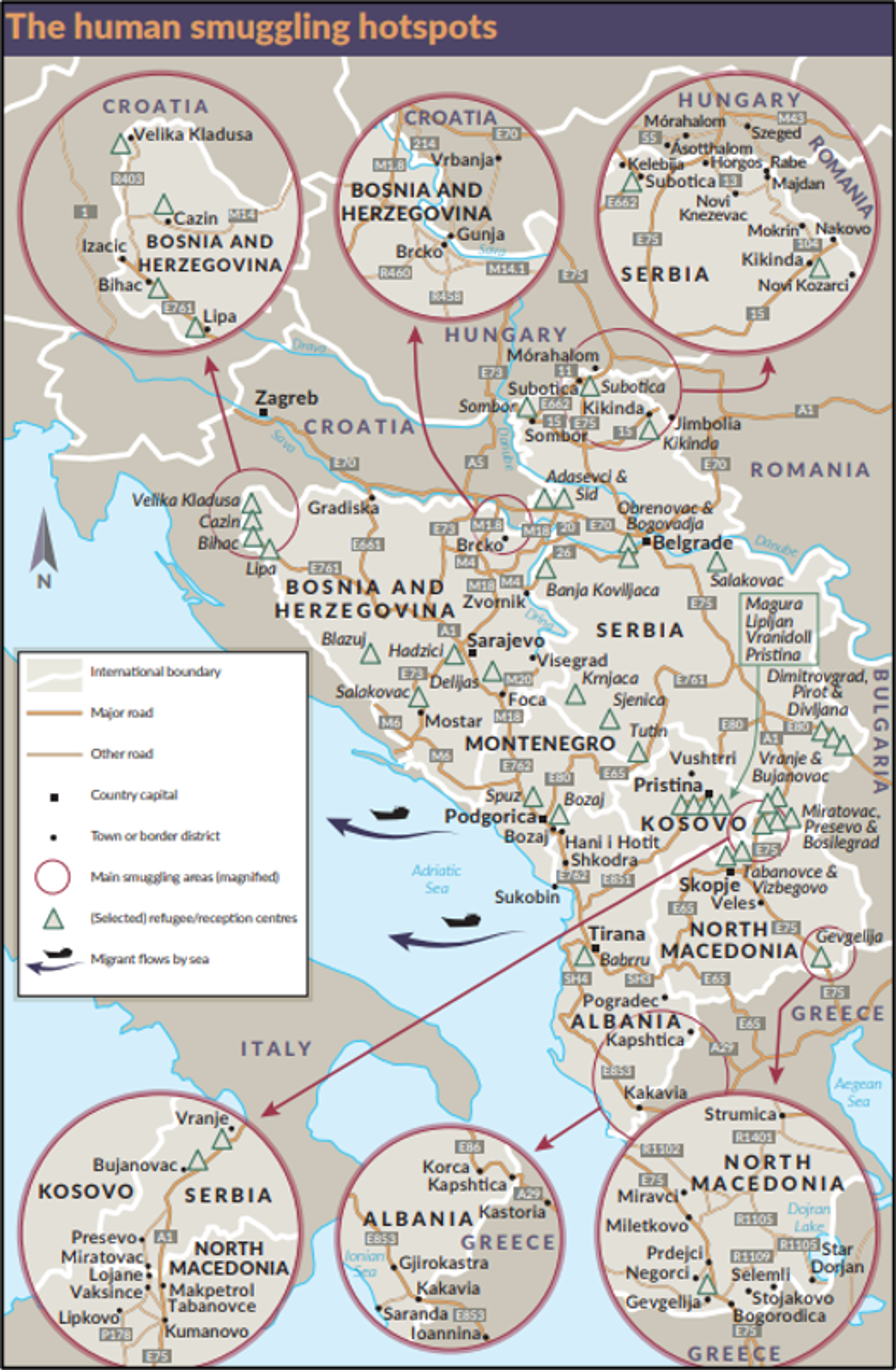  A map of human smuggling hotspots in the Balkans, showing land and sea routes, key cities, and border districts.