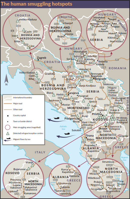 A map of human smuggling hotspots in the Balkans, showing land and sea routes, key cities, and border districts.