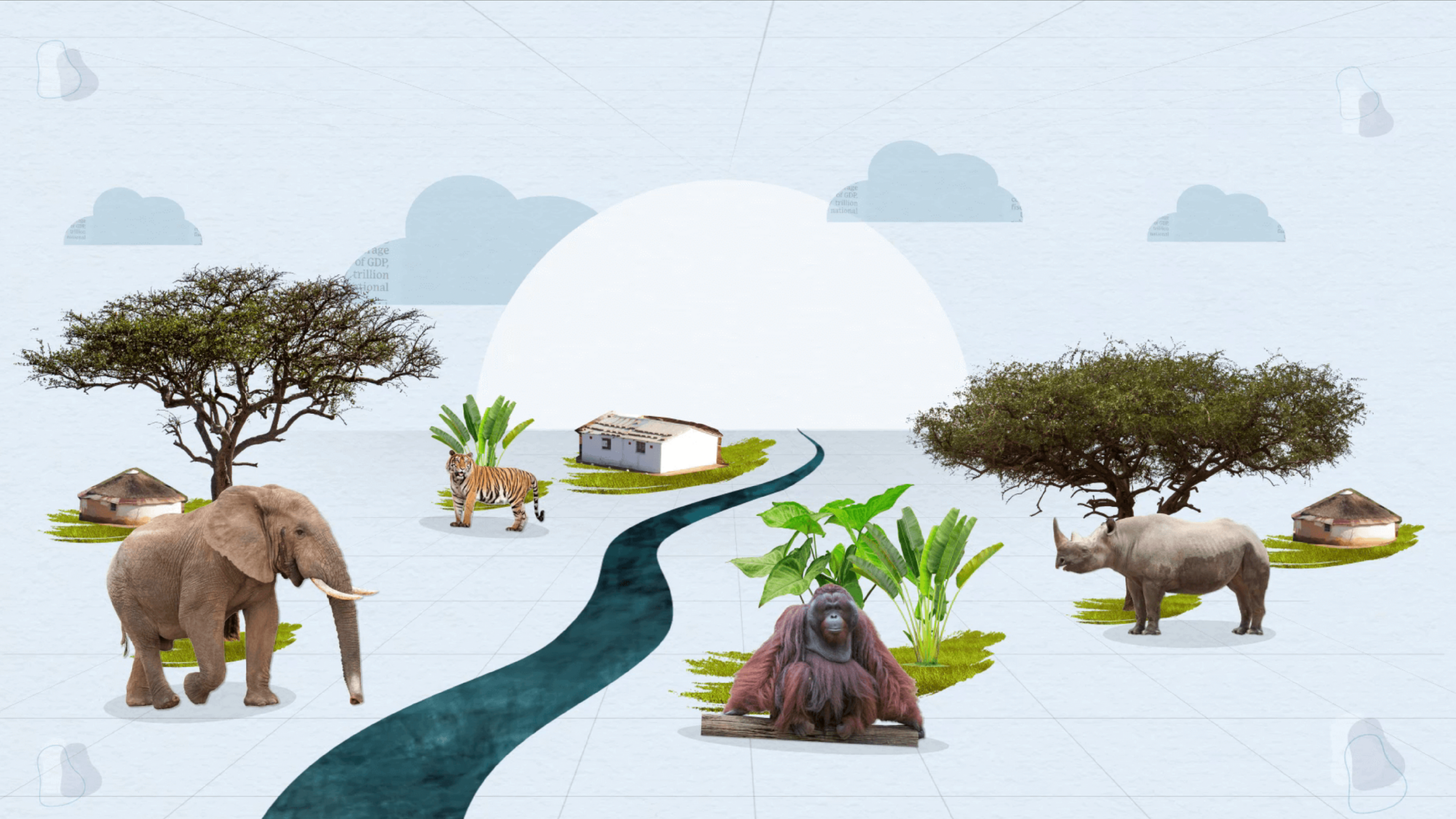 A collage of African animals, a river and three houses.