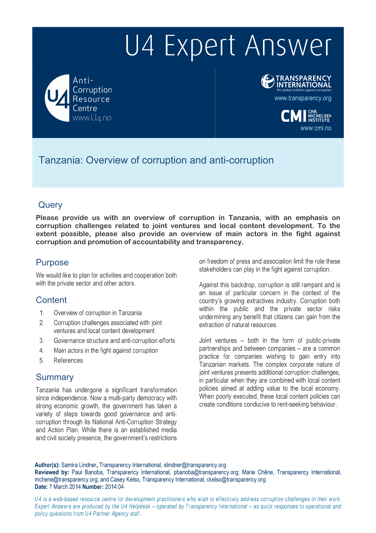 Tanzania: Overview of corruption and anti-corruption