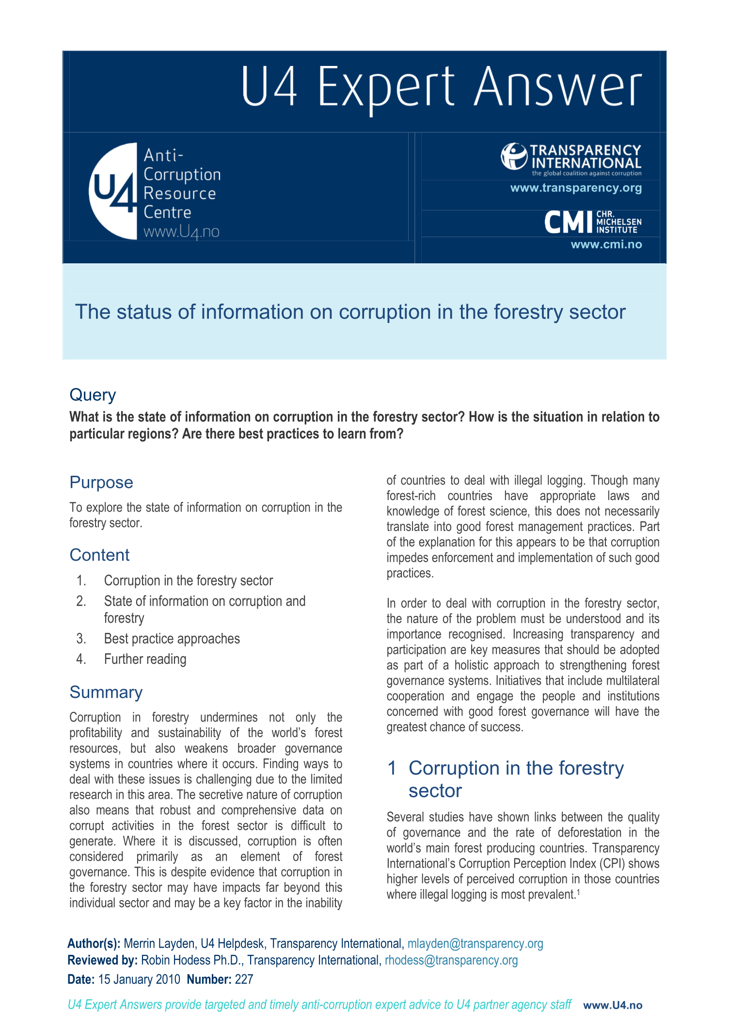 The status of information on corruption in the forestry sector