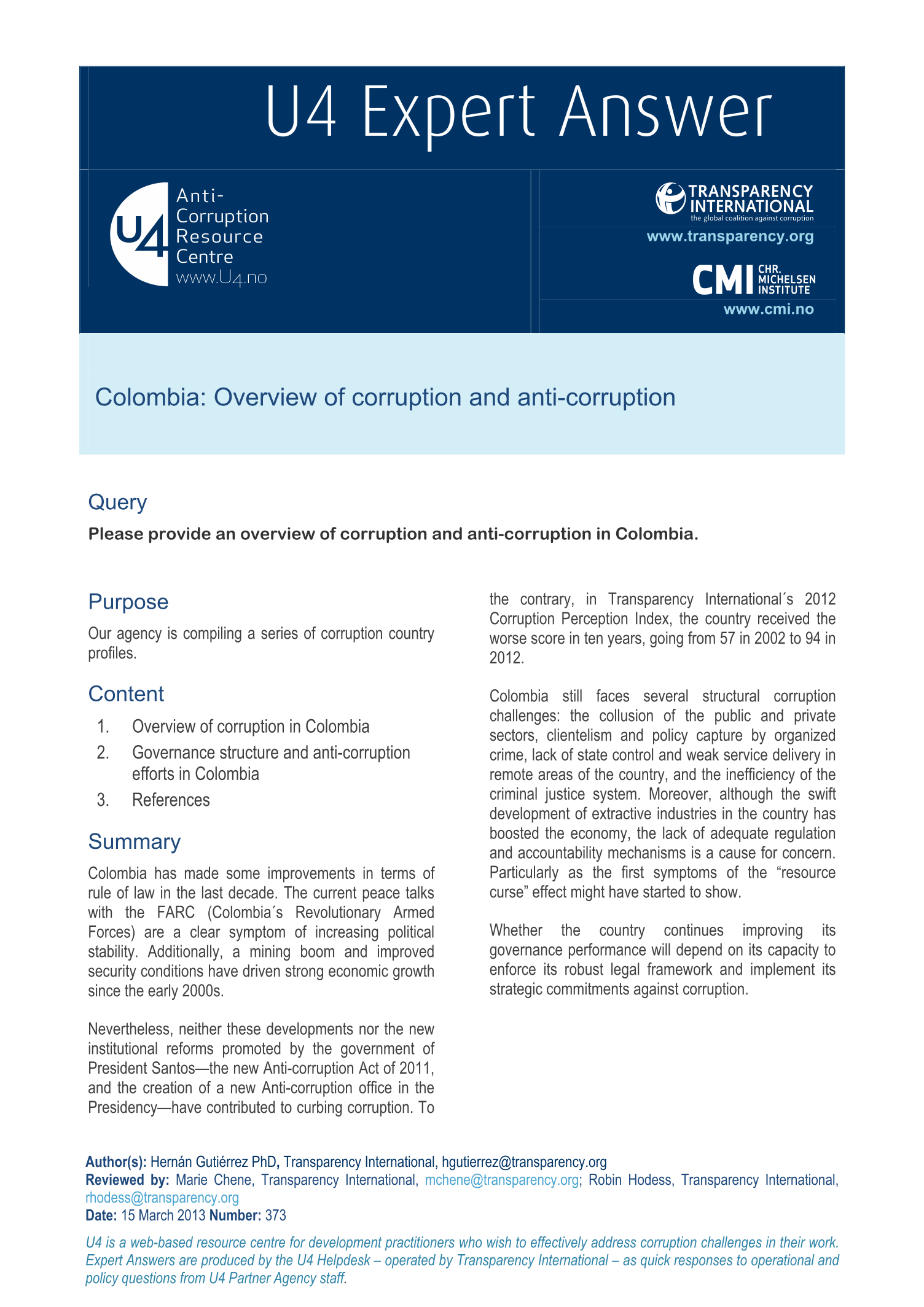 Colombia: Overview of corruption and anti-corruption