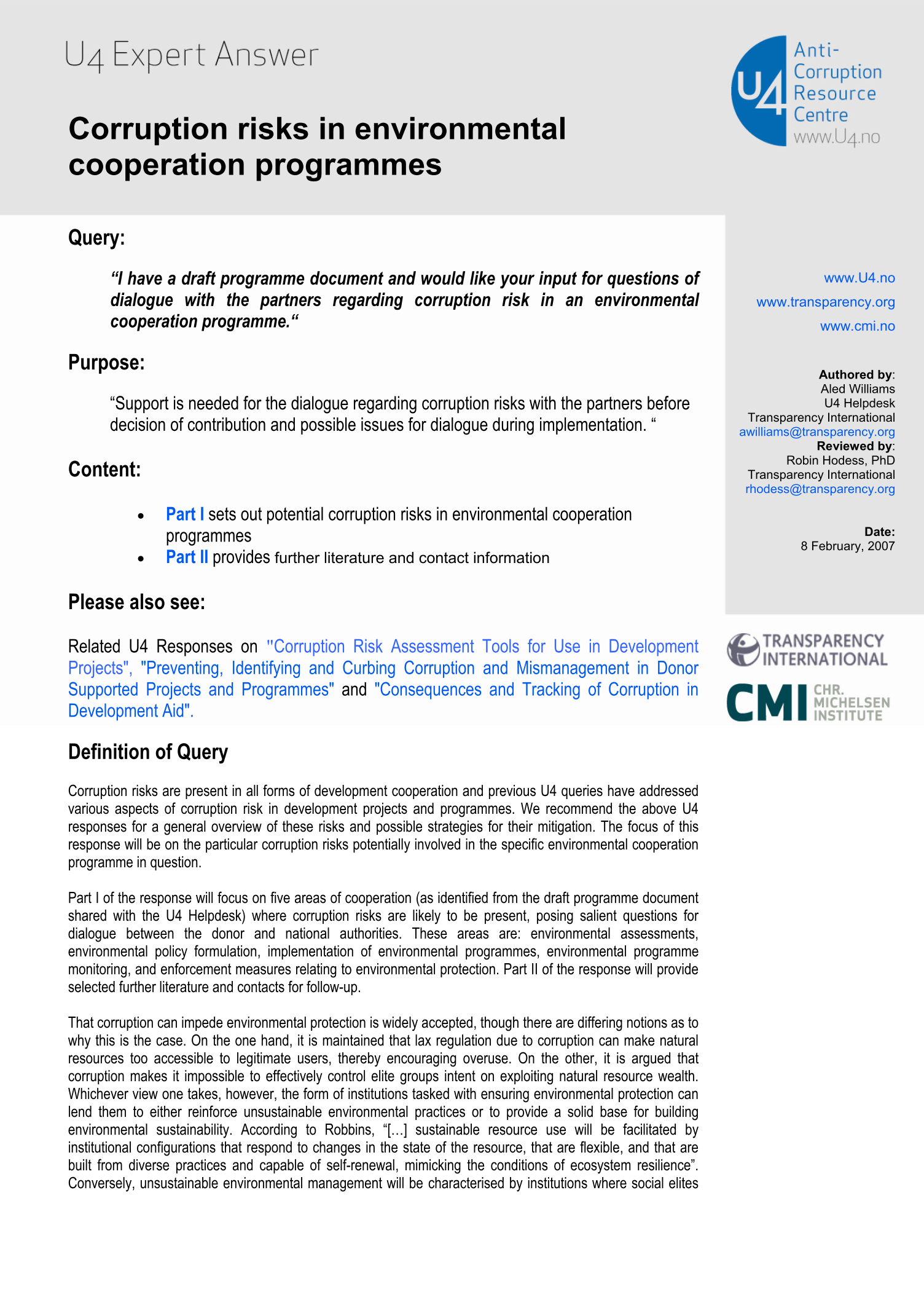 Corruption risks in environmental cooperation programmes